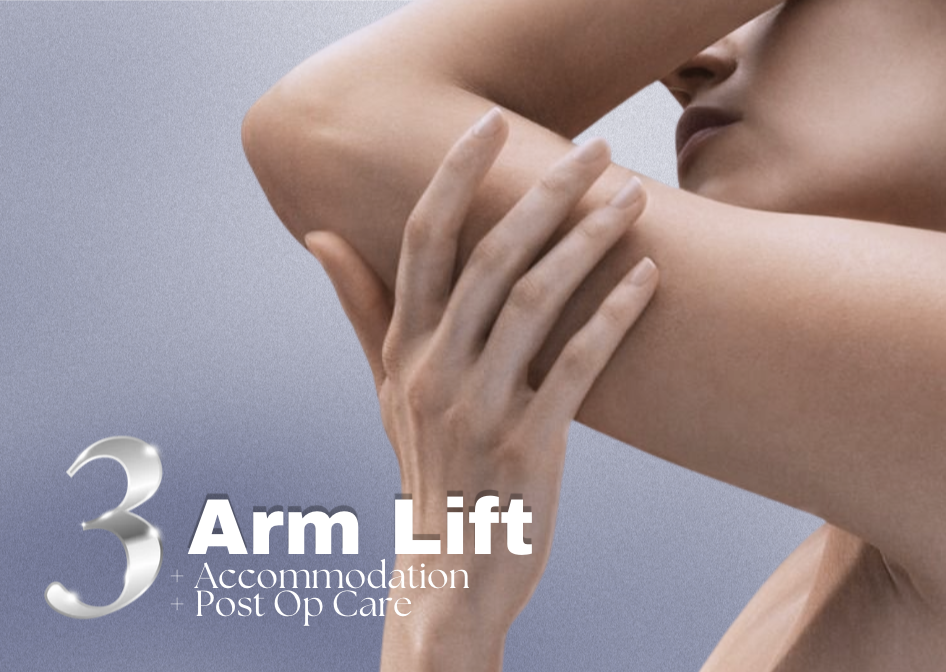 Close-up of a person’s arm and face, with a hand gently lifting the arm, illustrating arm lift procedure, with overlaid text about arm lift surgery, accommodation, and post-operation care.