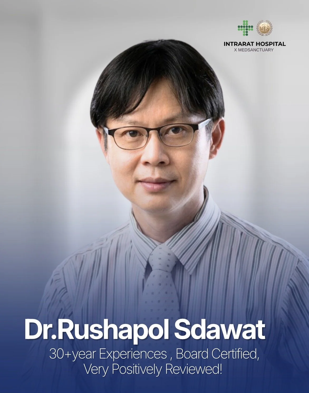A professional headshot of Dr. Rushapol Sdwawat, wearing glasses and a striped dress shirt with a tie, smiling softly. The background is plain, and there are logos of Intrarate Hospital and another organization in the top right corner. Text on the im