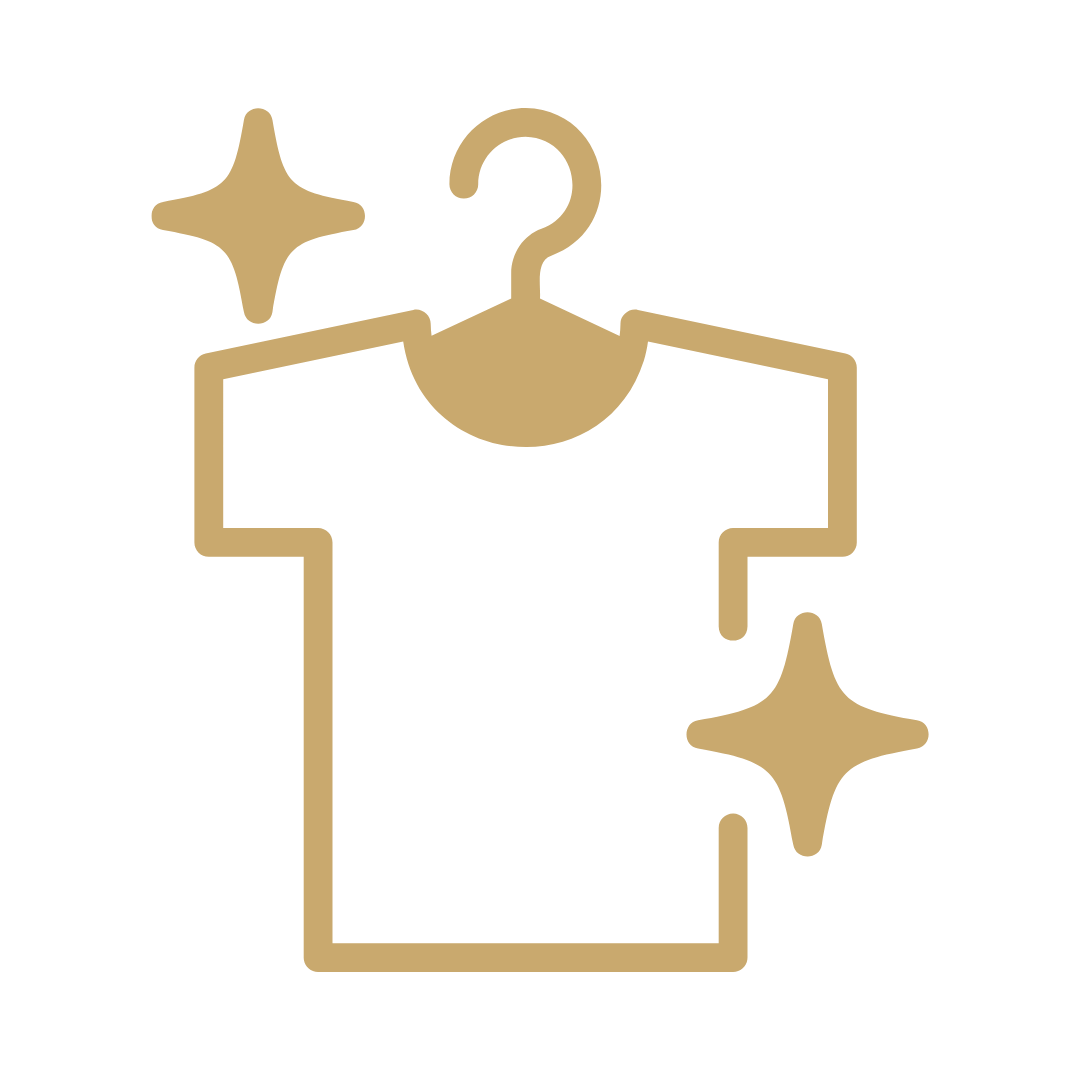 Outline of a clothing hanger with two star-shaped sparkles on a beige background.