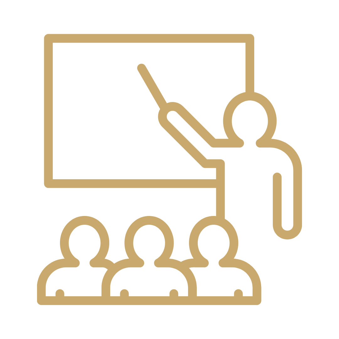 A line drawing of a person pointing at a presentation board, with four people sitting and listening.