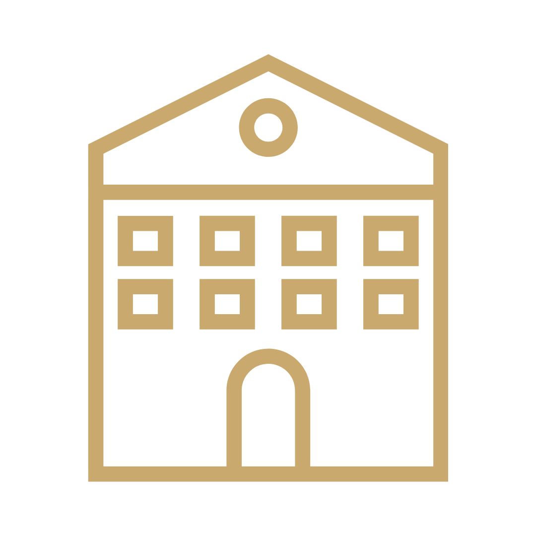 Line drawing of a multi-story building with a gable roof, an arched entryway, and a large circular window at the top.