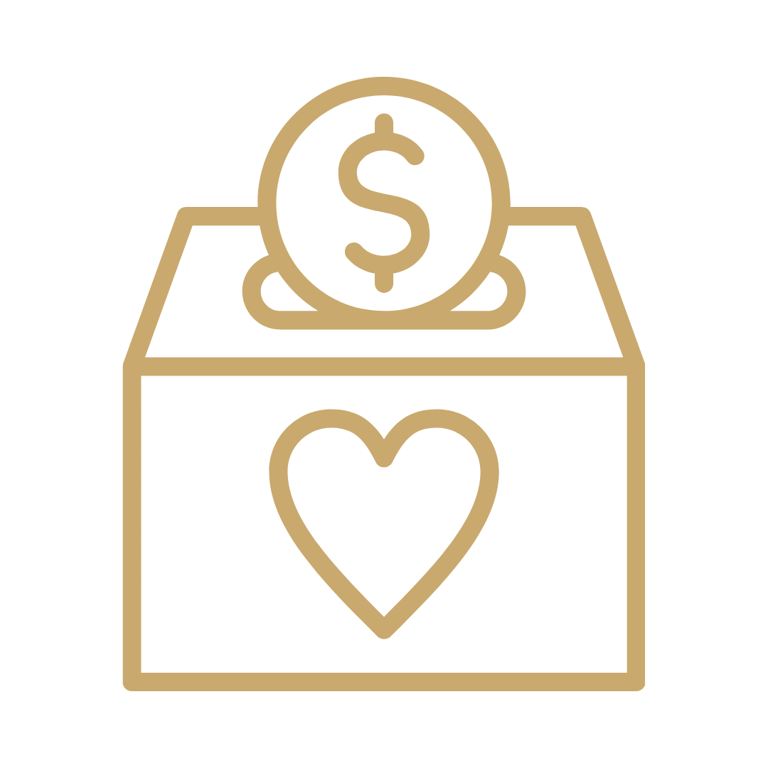 A gold outline of a donation box with a heart symbol on it and a coin with a dollar sign dropping into it.