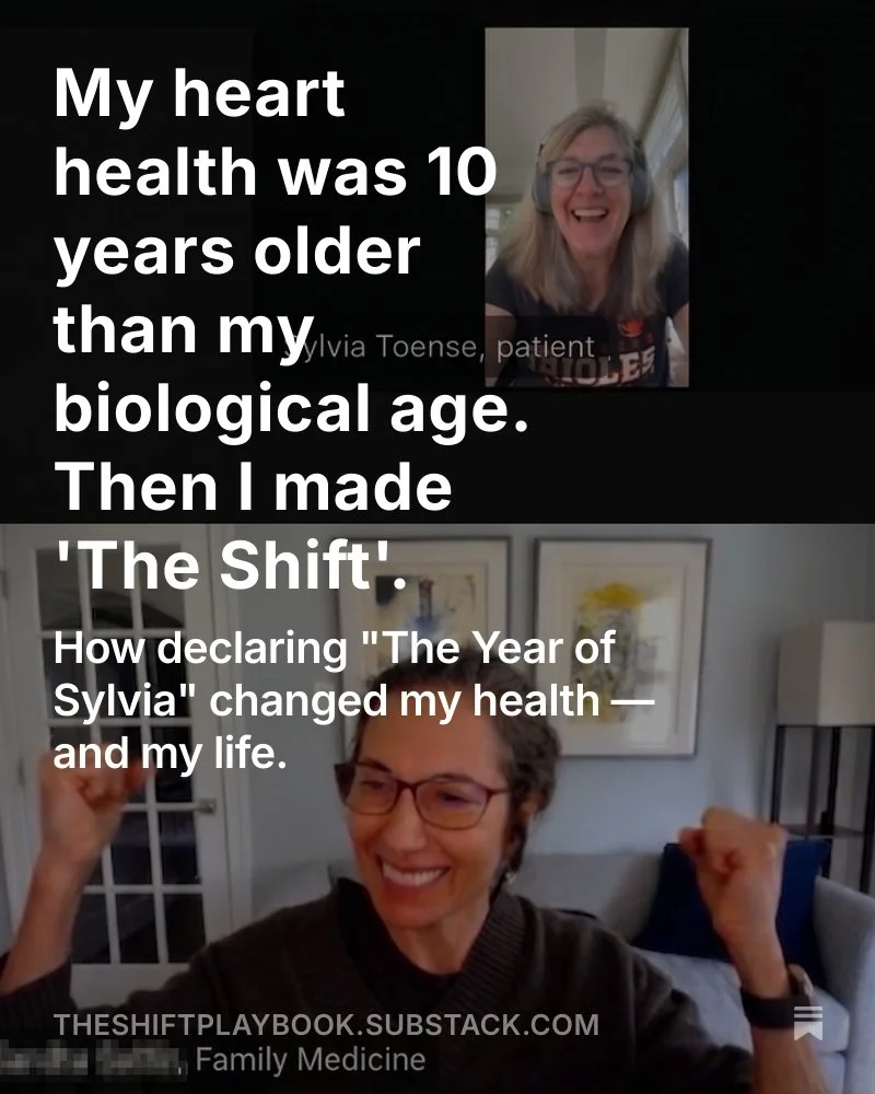 Two women smiling and celebrating, with text overlay about health and a book titled 'The Shift Playbook'
