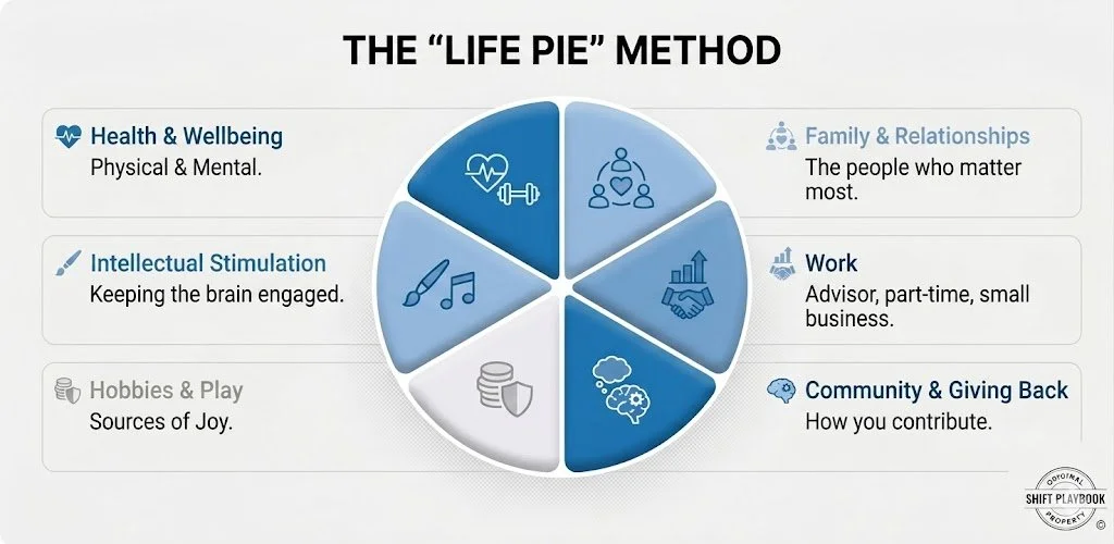 Diagram titled "The 'Life Pie' Method" showing six segments representing different life areas: Health & Wellbeing, Intellectual Stimulation, Hobbies & Play, Family & Relationships, Work, Community & Giving Back.