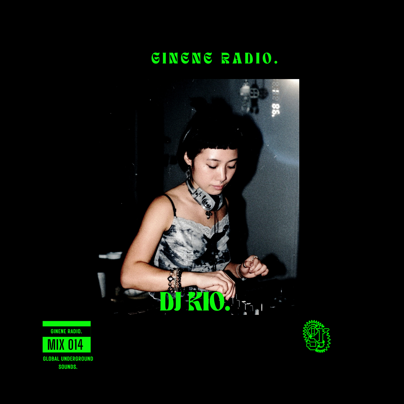 A woman DJ with short black hair wearing headphones, a sleeveless top, and jewelry, operating DJ equipment in a dimly lit setting, with text overlay about a radio show called 'Ginene Radio' .