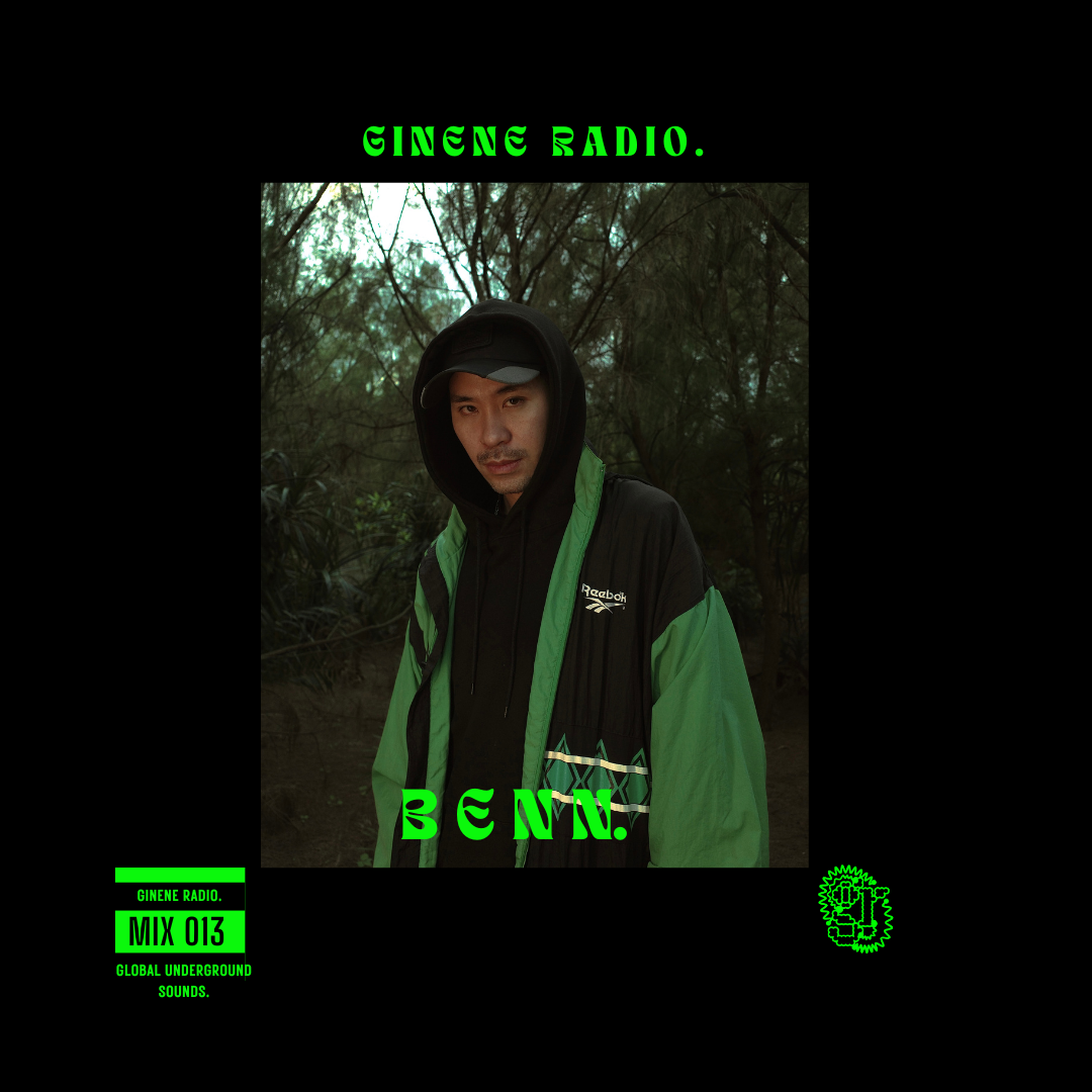 A young man wearing a black and green Reebok jacket and black hoodie standing outdoors in a forest with dense trees and foliage, with bright green text and graphics overlaying the image, including 'GINENE RADIO', 'MIX 013', and 'GLOBAL UNDERGROUND SOUNDS'.