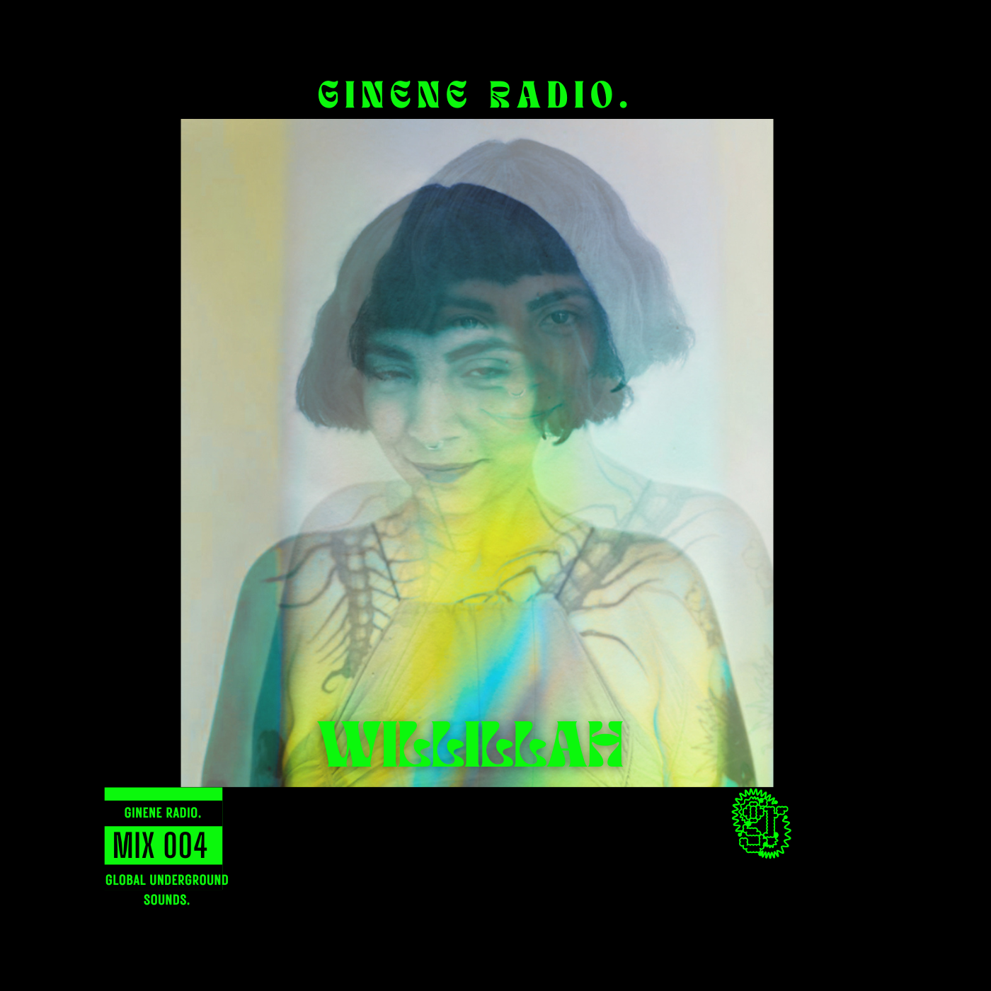 A digital art cover featuring a woman's photo with a double exposure of her skeletal and muscular systems, with neon green and blue text saying 'Ginene Radio' and additional text indicating a mix and underground sounds.
