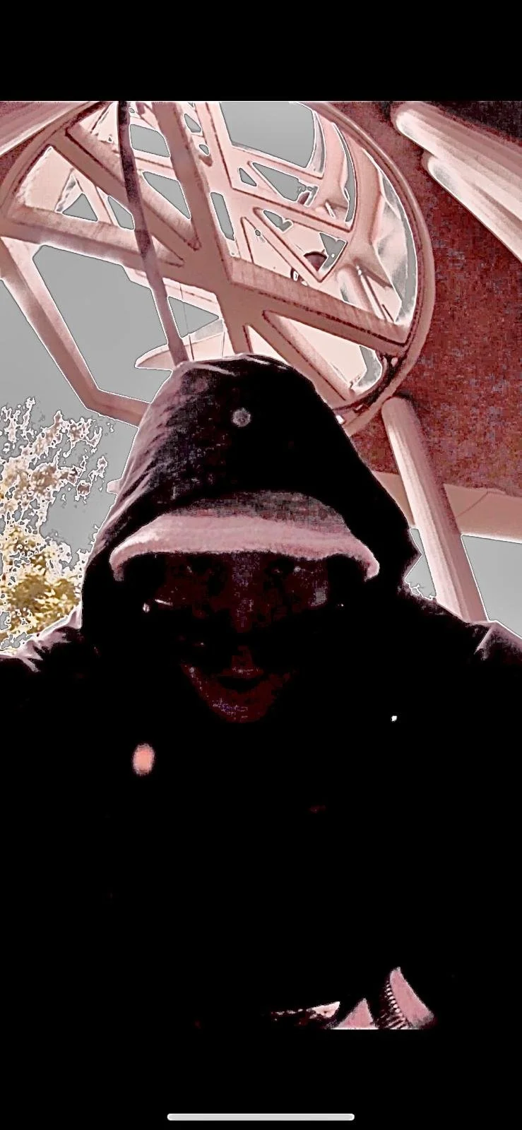 Person wearing a hooded jacket or hoodie, taking a selfie from below with a playground structure and tree in the background.