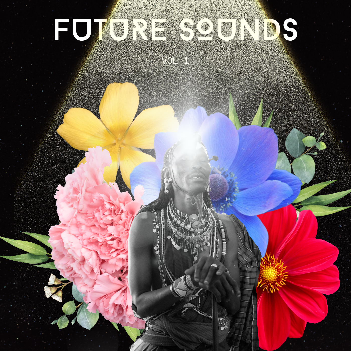 An album cover titled "Future Sounds Vol. 1" features a black and white image of a woman with traditional jewelry and attire, surrounded by colorful flowers against a starry background and a spotlight effect.