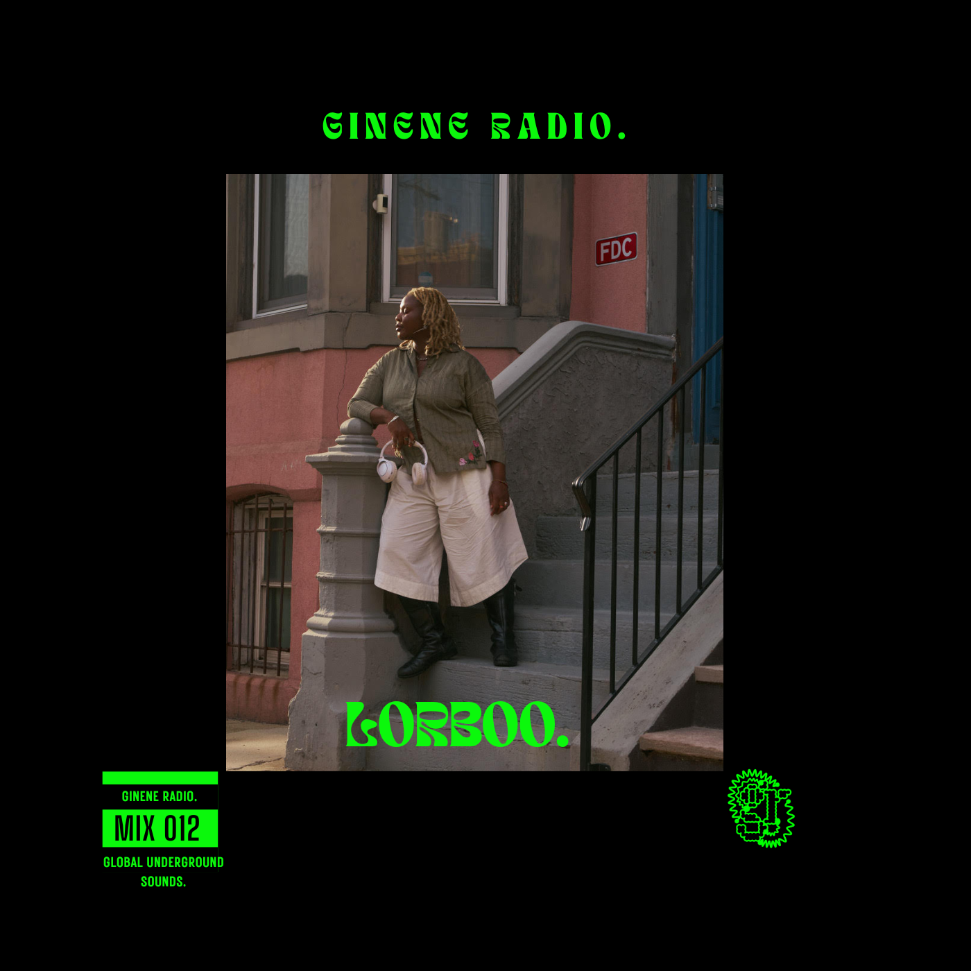 A woman with blonde hair standing on a city staircase outside a building with pink and gray walls, holding headphones, looking to the side, with text overlay referencing 'GINENE RADIO' .