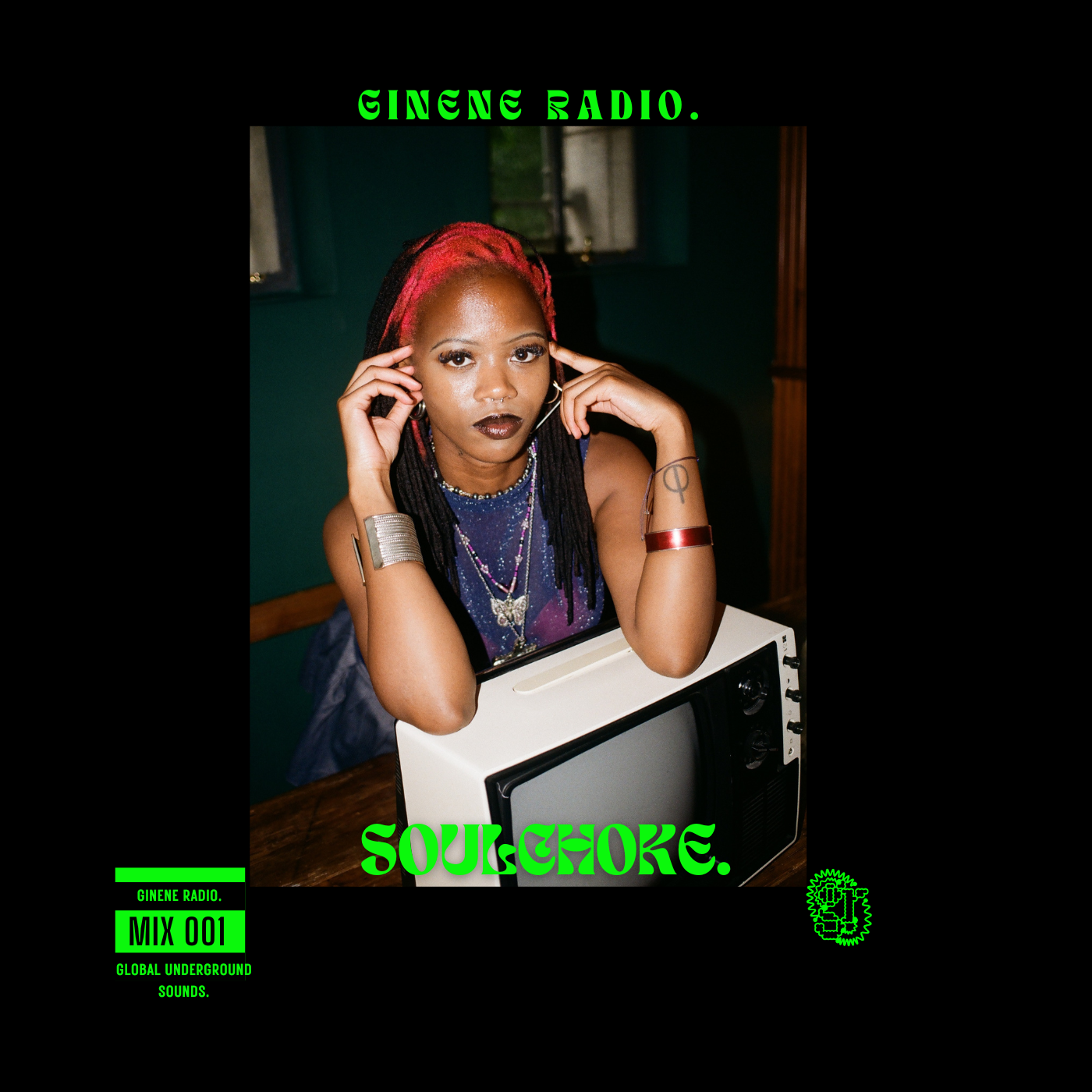 A woman with dark lipstick and colorful hair with red highlights, wearing multiple necklaces, wristbands, and earrings, sitting with her elbows on a table in front of a vintage radio and looking directly at the camera. The image has green text on the top and bottom that says "GINENE RADIO"," with additional text in green on the bottom left corner indicating a mix from "Ginene Radio" and the phrase "Global Underground Sounds."