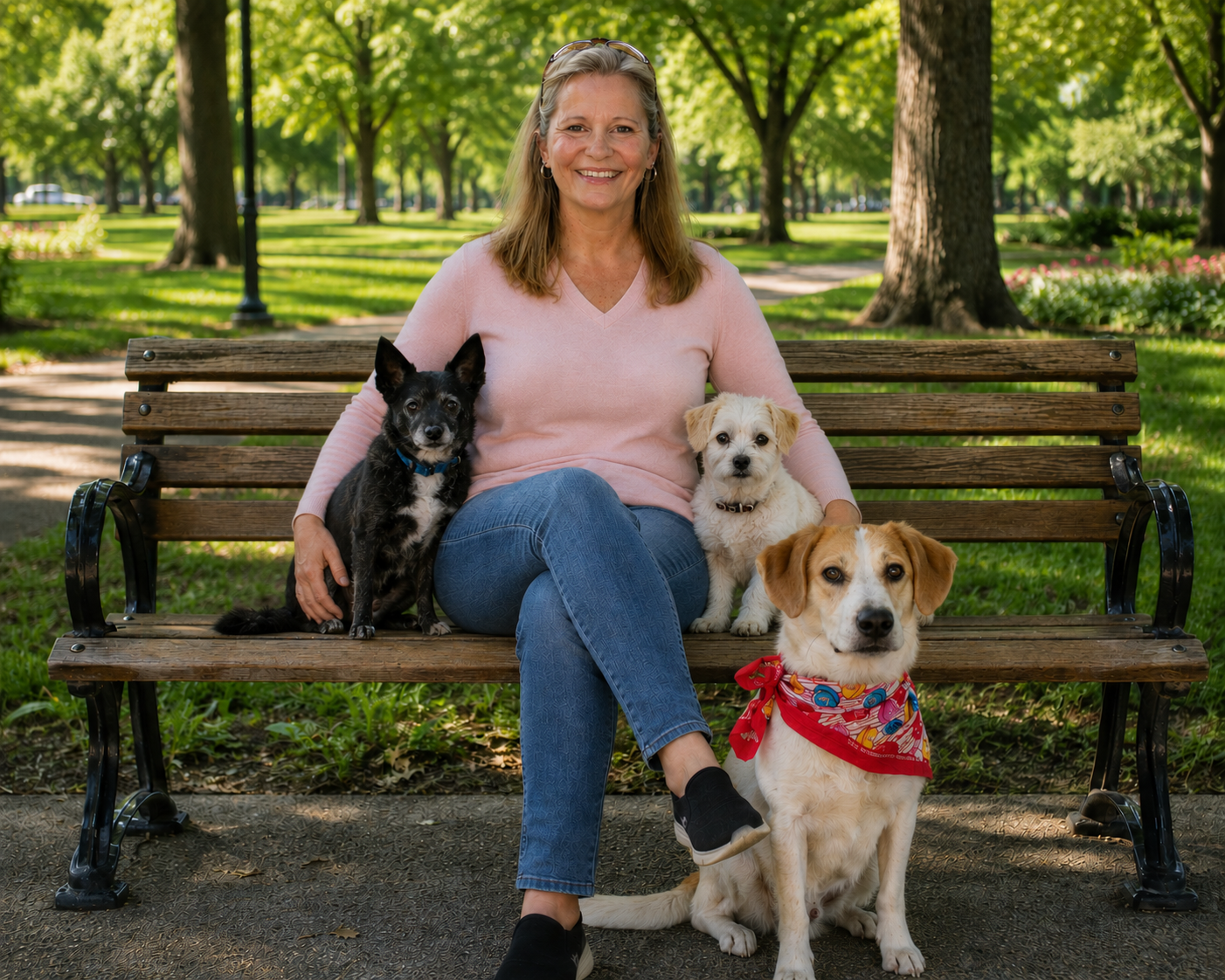Owner of Paws & Peace Pet Care, LLC enjoying time with her 3 dogs in the park, reflecting multi pet and personalized , relationship-focused pet care.