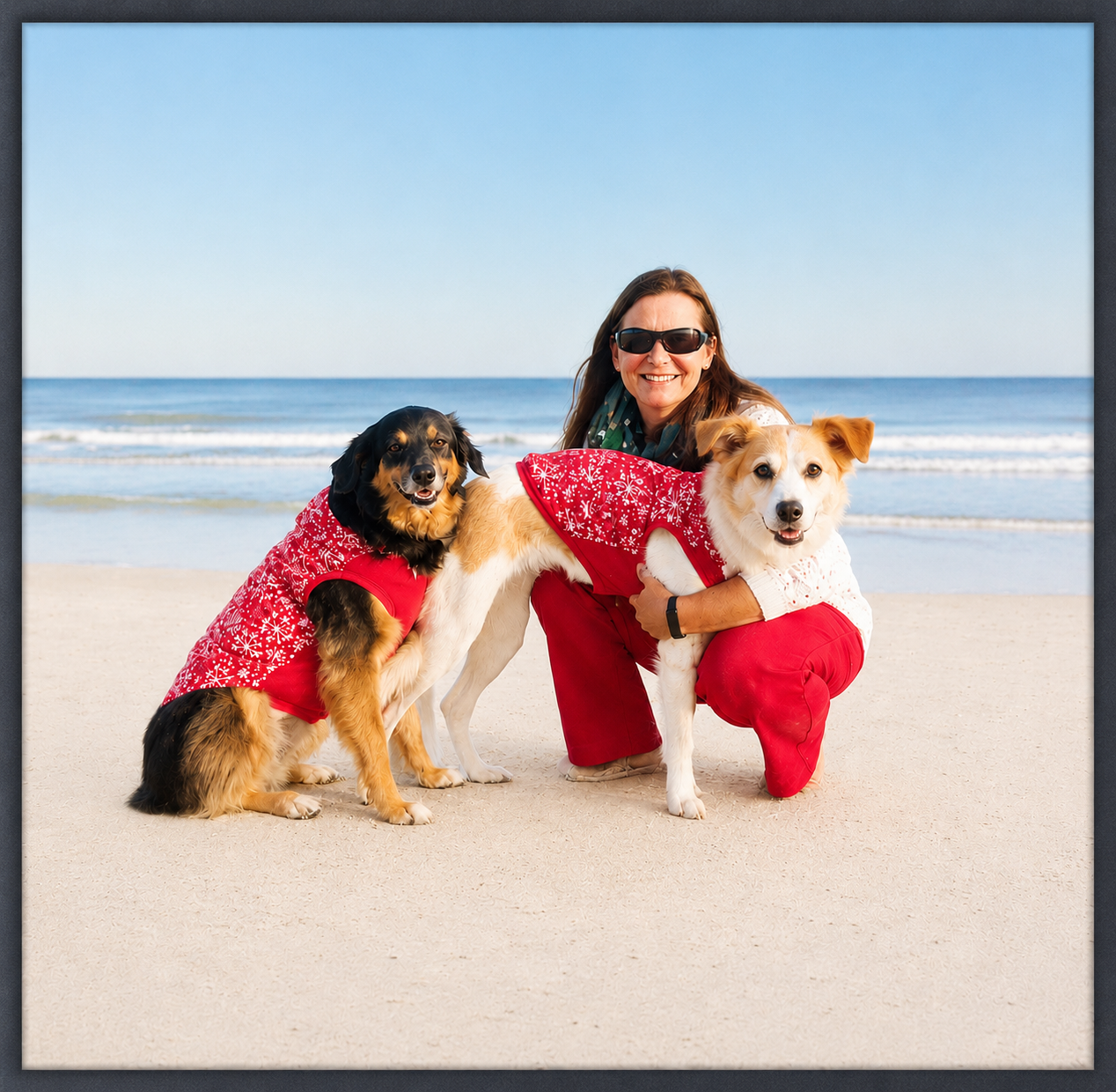 A woman with sunglasses kneeling on the beach with two dogs wearing red holiday sweaters. The ocean and sky are in the background.