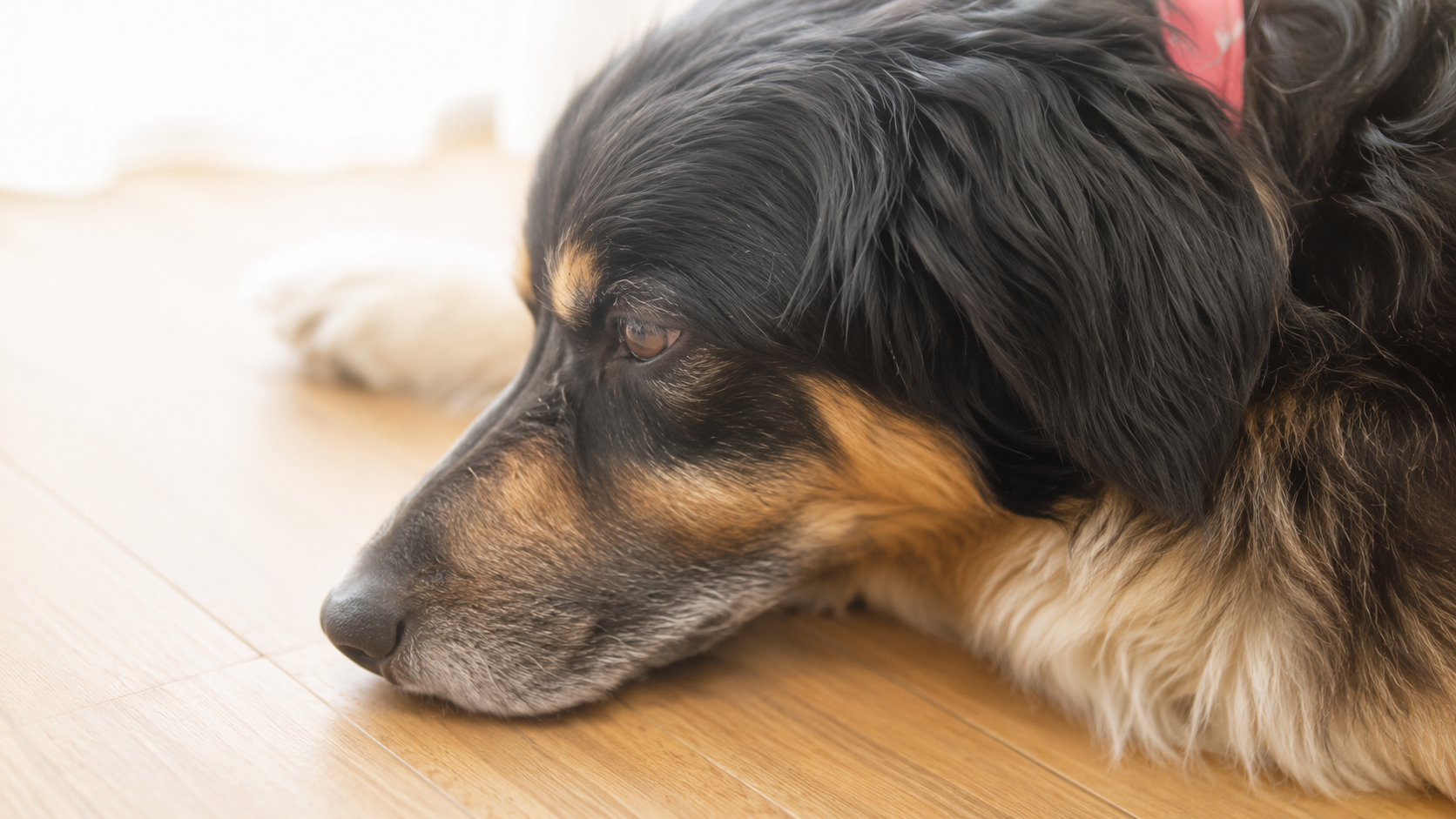 Relaxed dog resting comfortably after a personalized per care visit from Paws & Peace Pet Care.