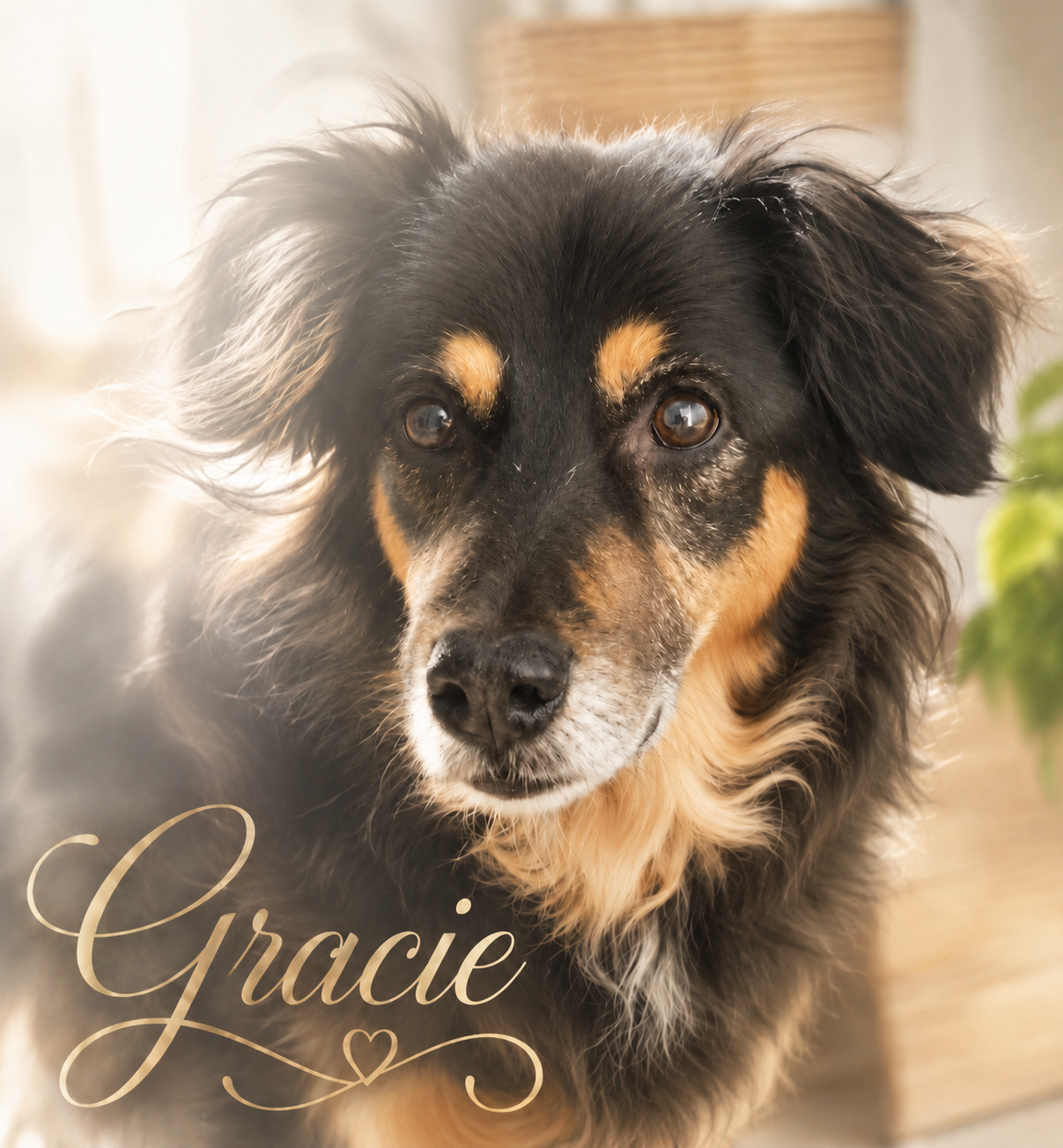 Gracie, a beloved pet, featured in a personalized pet memorial portrait by Paws & Peace Pet Care.