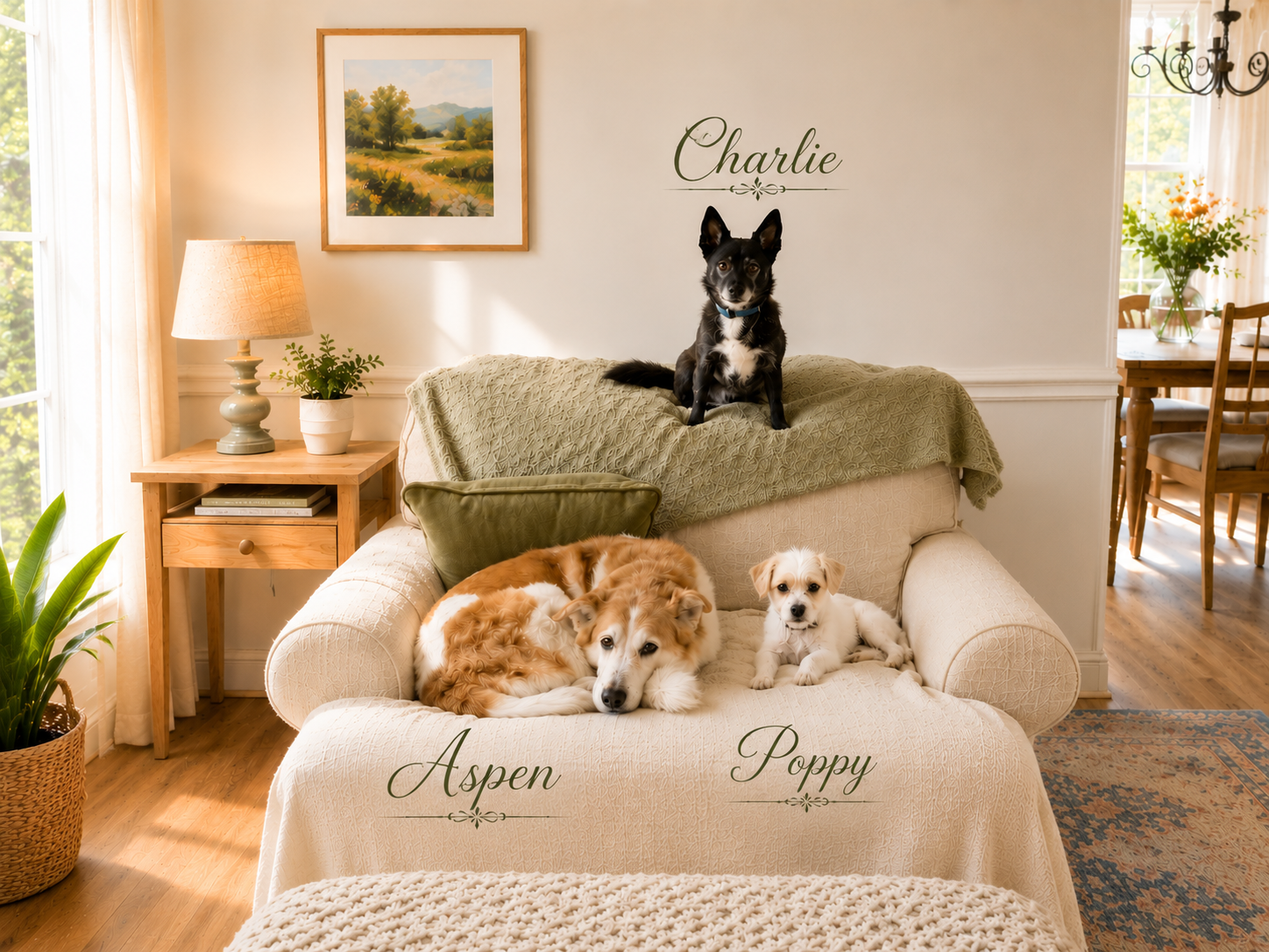 Three dogs relaxing comfortably in a calm and fear free environment, representing the personalized in-home pet care provided by Paws & Peace Pet Care.