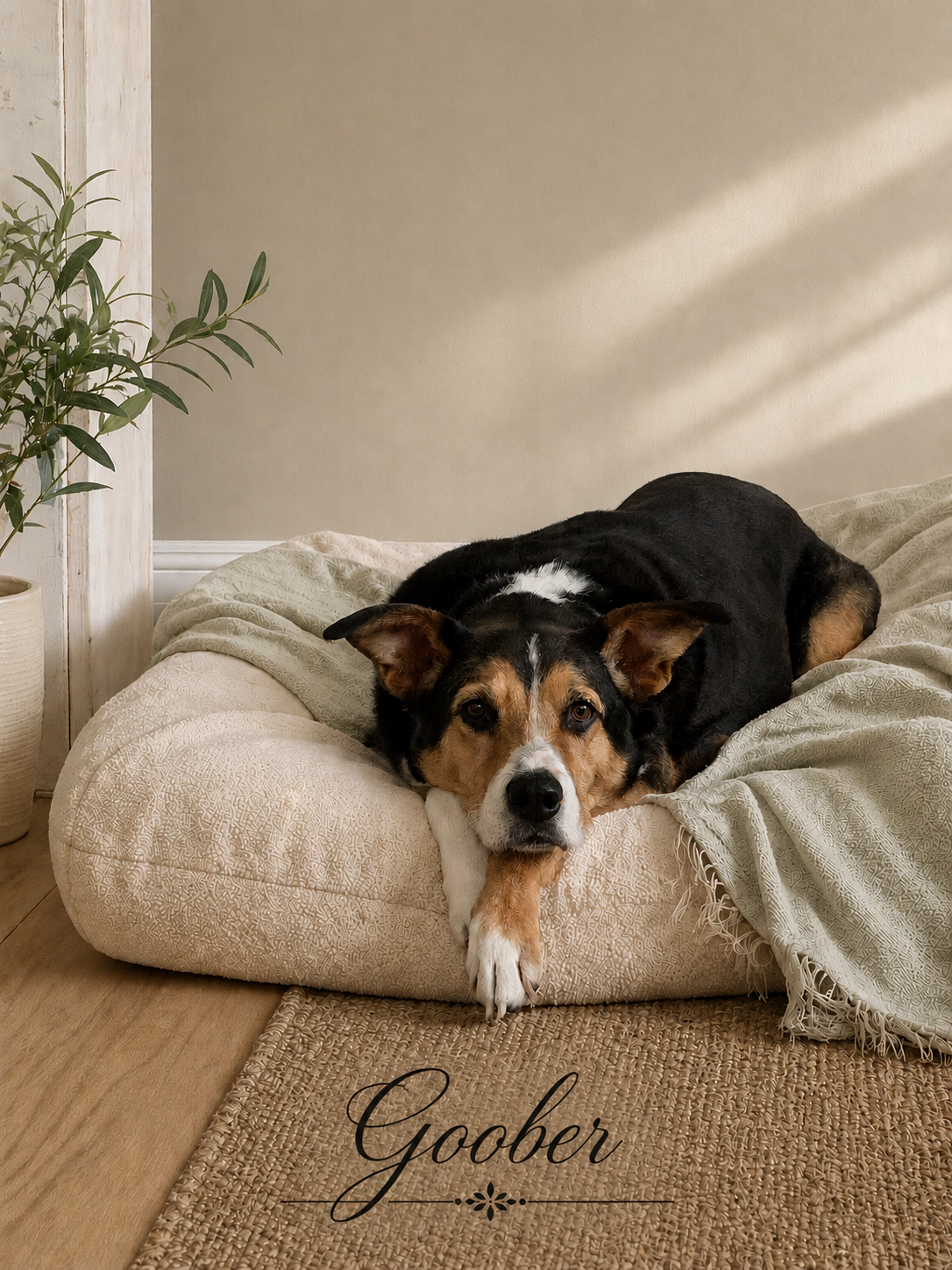 Goober resting after a senior walk with a Paws & Peace Pet Care dog walker.