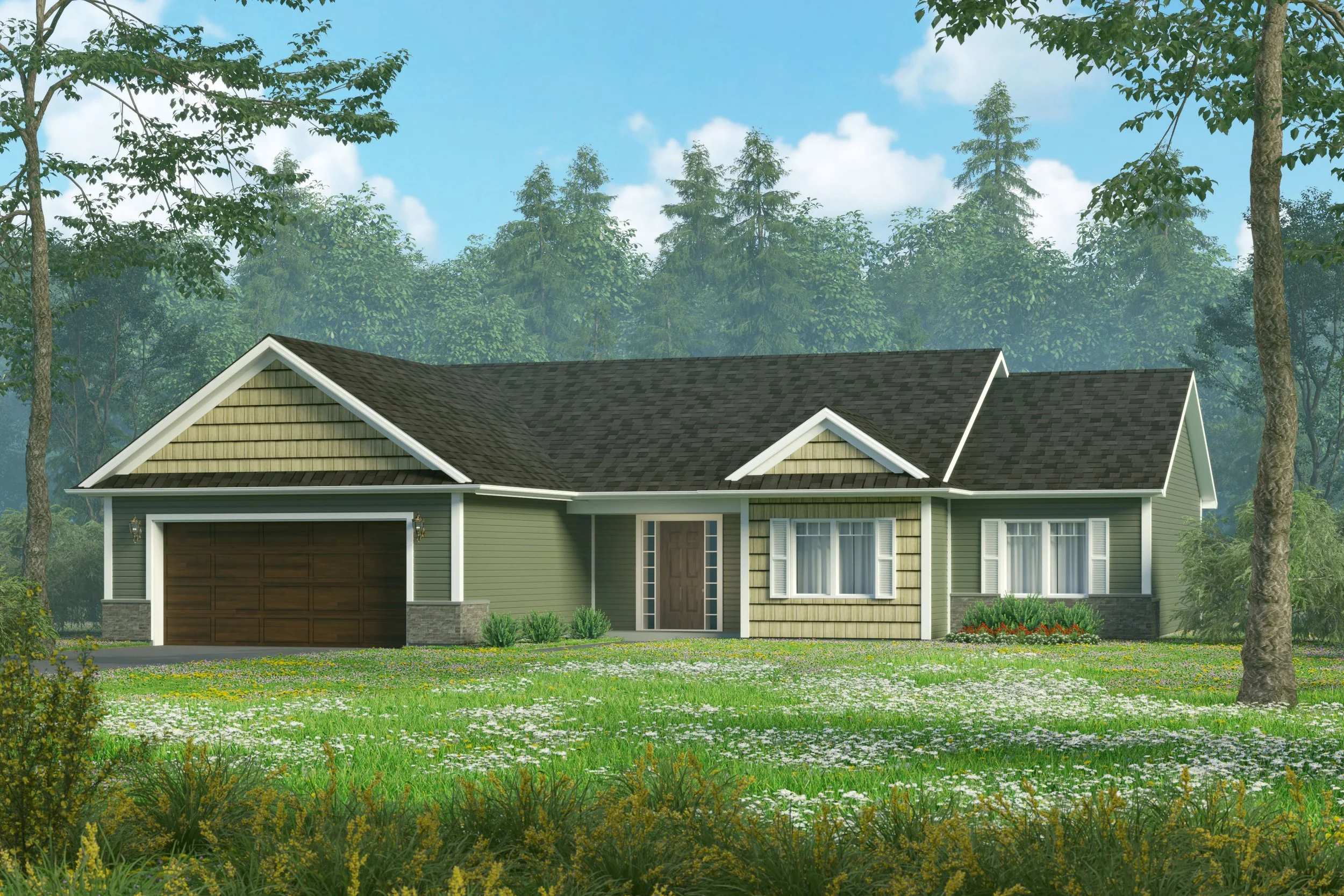A house with green siding, brown garage door, and shingled roof surrounded by green trees and grass in a bright, clear sky.