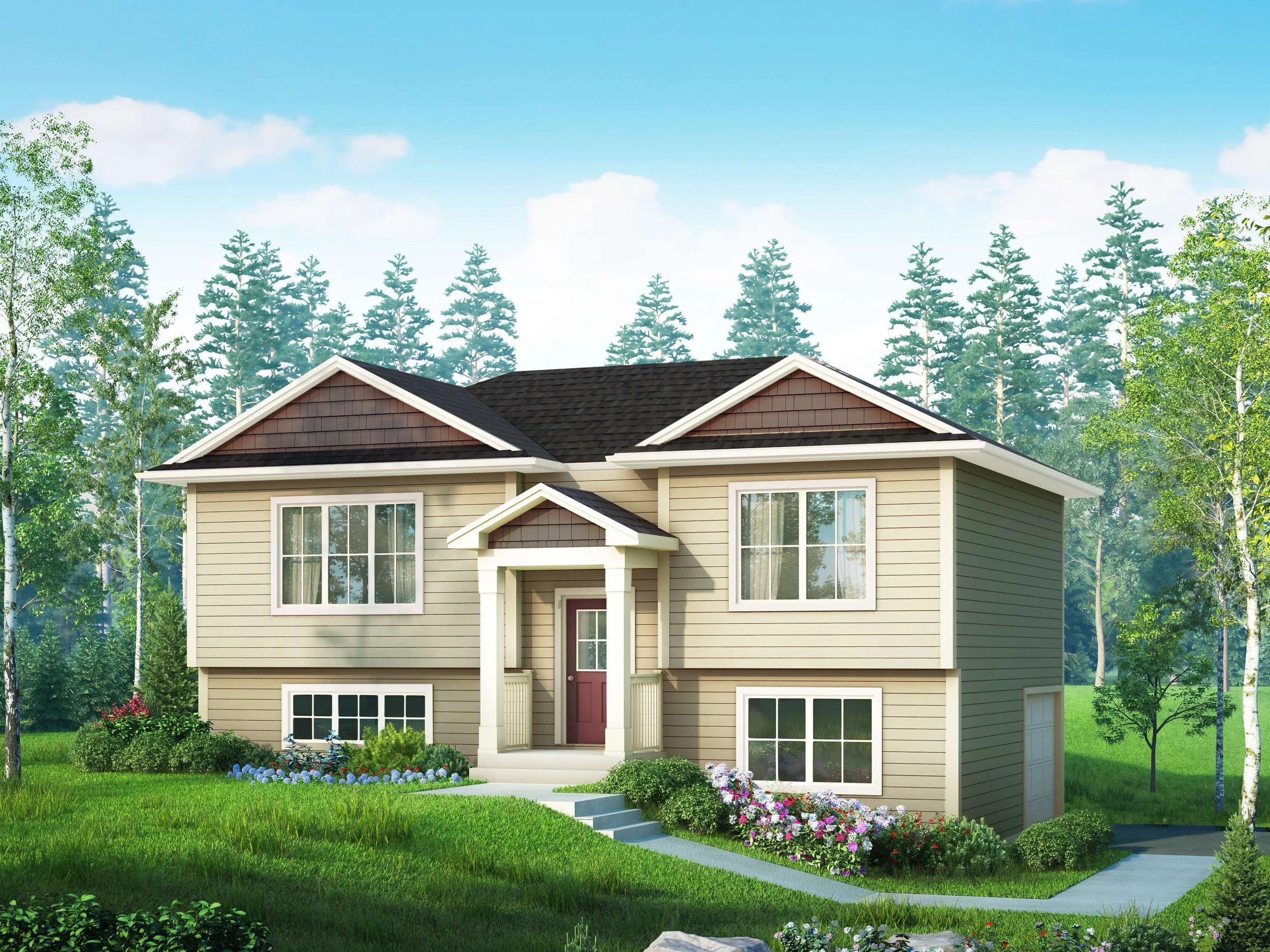 Front view of a two-story house with beige siding, dark brown roof, and white trim, surrounded by a lush green lawn, flower beds, and tall trees with a blue sky in the background.