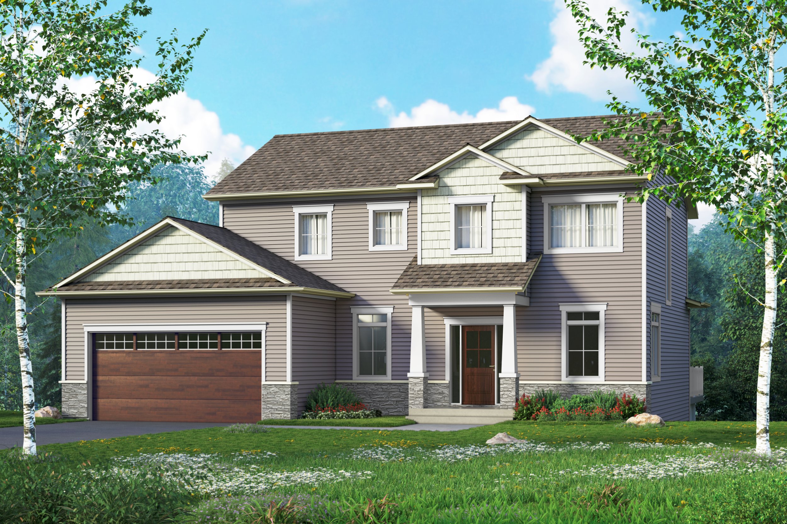 A two-story house with gray siding, a front lawn with green grass and small flowers, tall trees on either side, a brown garage door, and a light blue sky with white clouds.