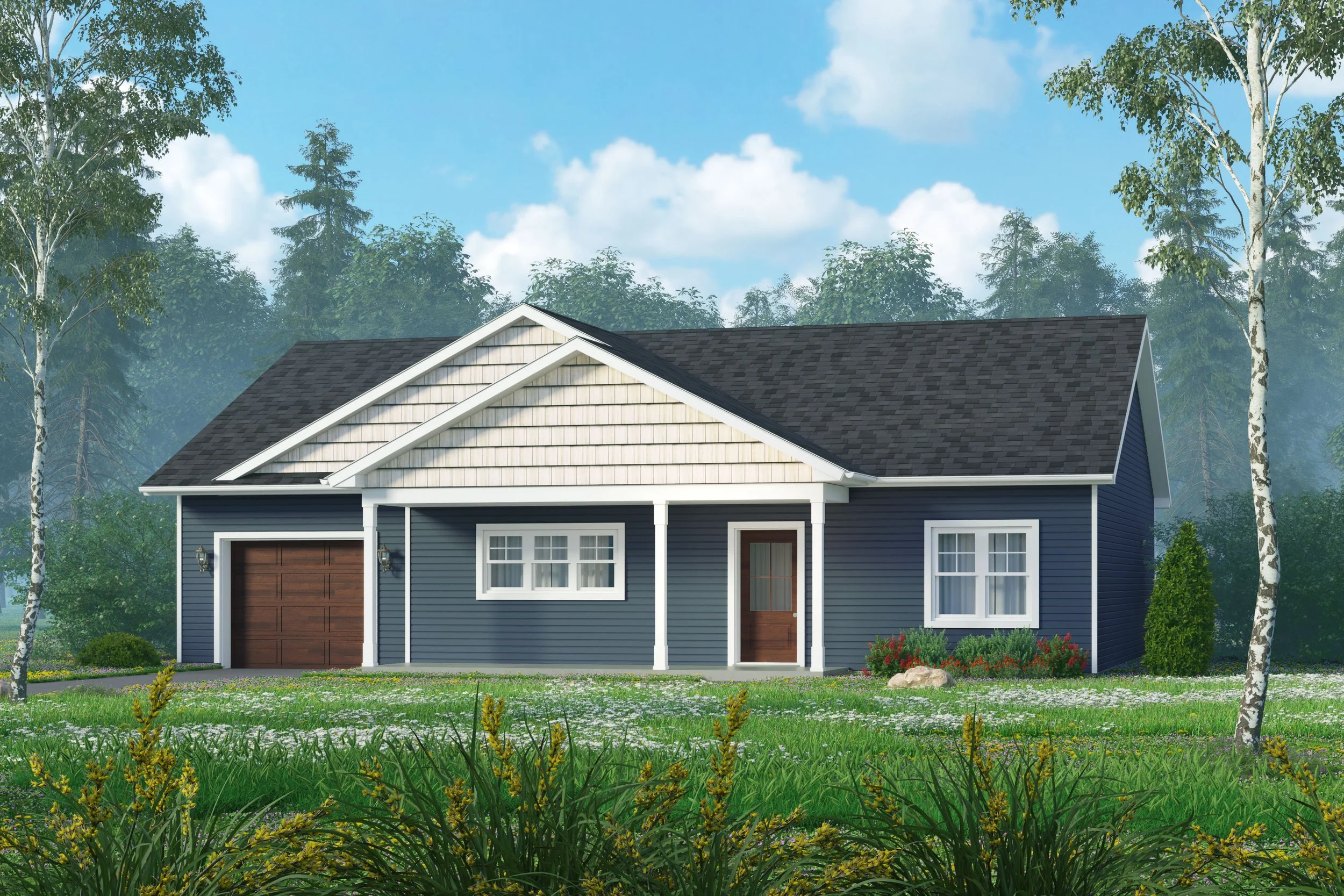 A blue house with white trim and a brown garage door, surrounded by green grass, yellow flowers, and trees under a partly cloudy sky.
