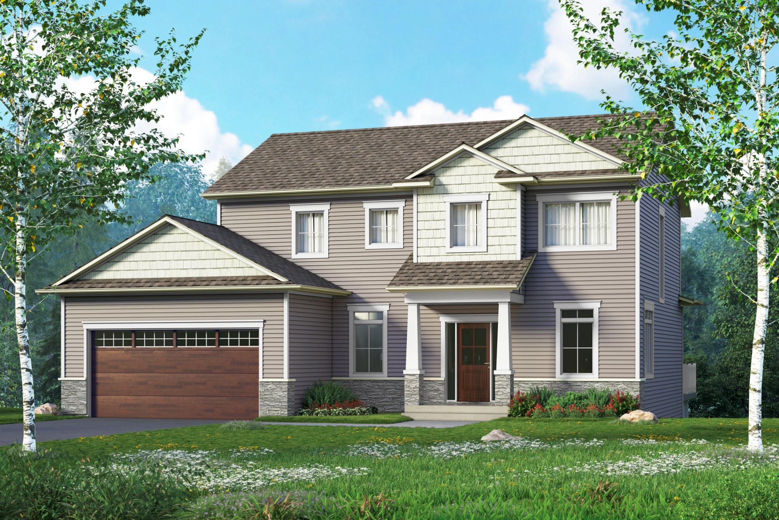 A two-story house with beige siding and a brown garage door, surrounded by green grass, trees, and blue sky with white clouds.