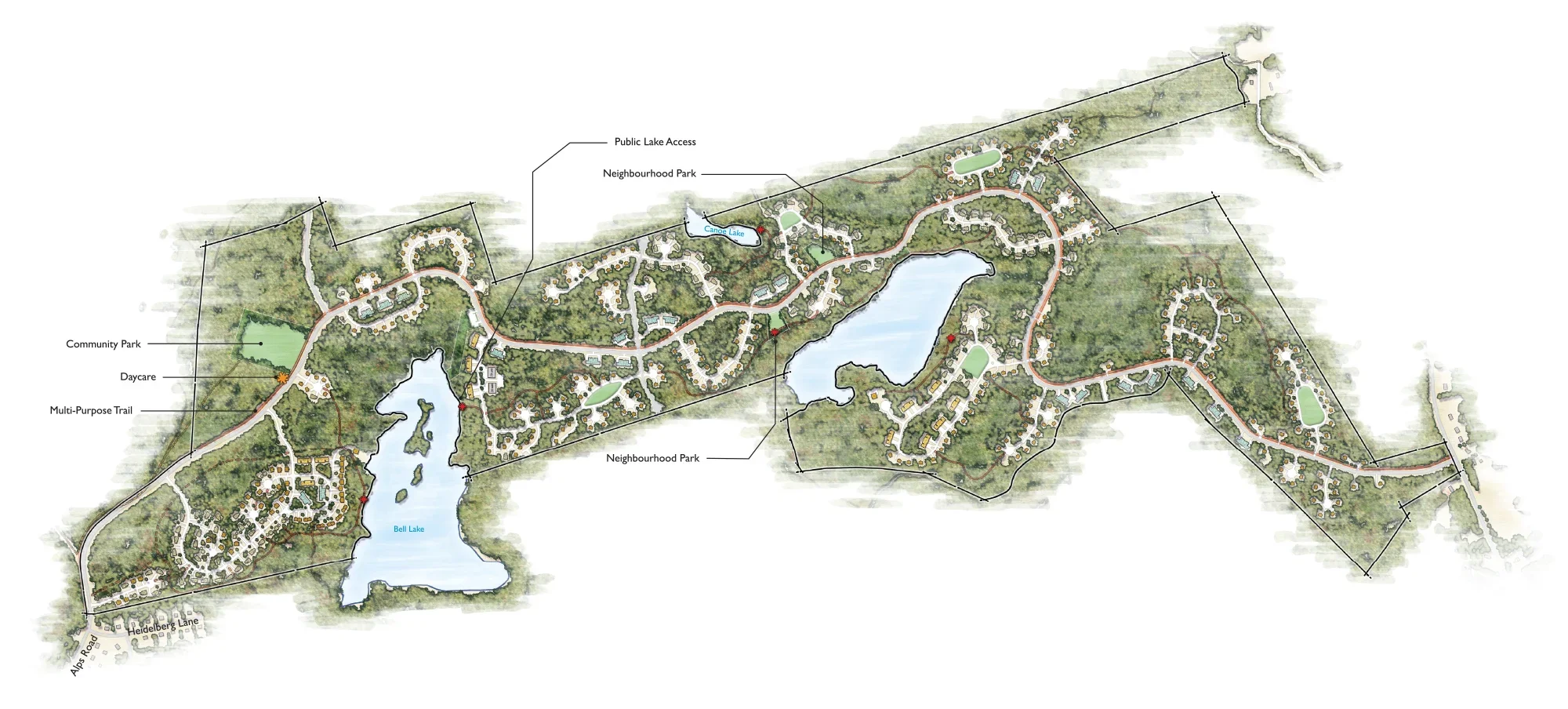 A detailed map of a residential community showing lakes, parks, trails, and various amenities such as daycare, community park, and neighborhood parks.