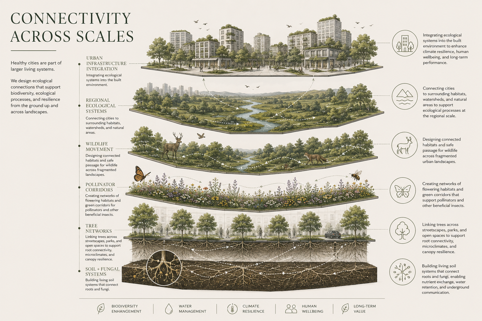 Diagram illustrating ecological connectivity across urban landscapes, from underground soil and fungal systems to tree networks, pollinator corridors, wildlife habitats, ecological systems integration in urban environments, and surrounding natural landscapes.