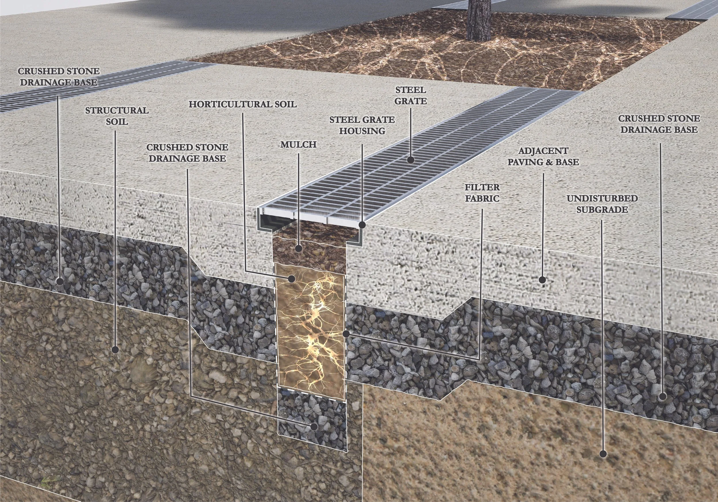 Diagram of layered landscaping substructure showing structural soil, horticultural soil, mulch, steel grate housing, filter fabric, adjacent paving, and crushed stone drainage base.