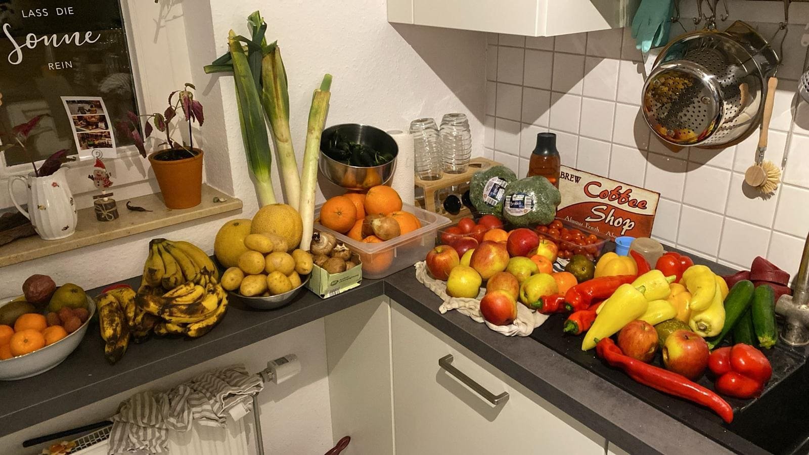 Die Arbeitsfläche einer Küche steht hoch voll mit gerettetem Obst und Gemüse.