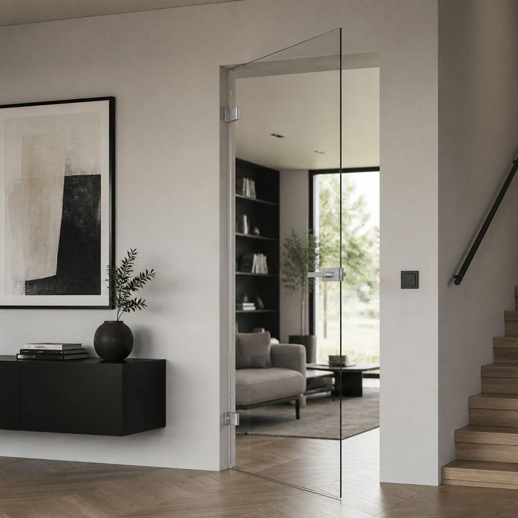 Frameless glass interior doors for minimalist Dallas homes