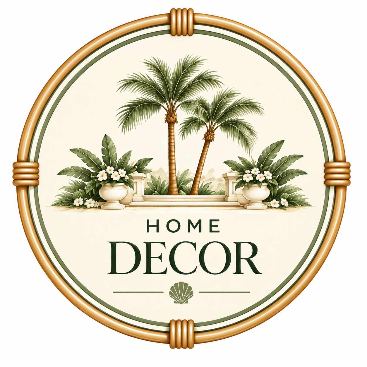 Home Decor resort inspired wall art in a round frame with palm trees and tropical greenery.