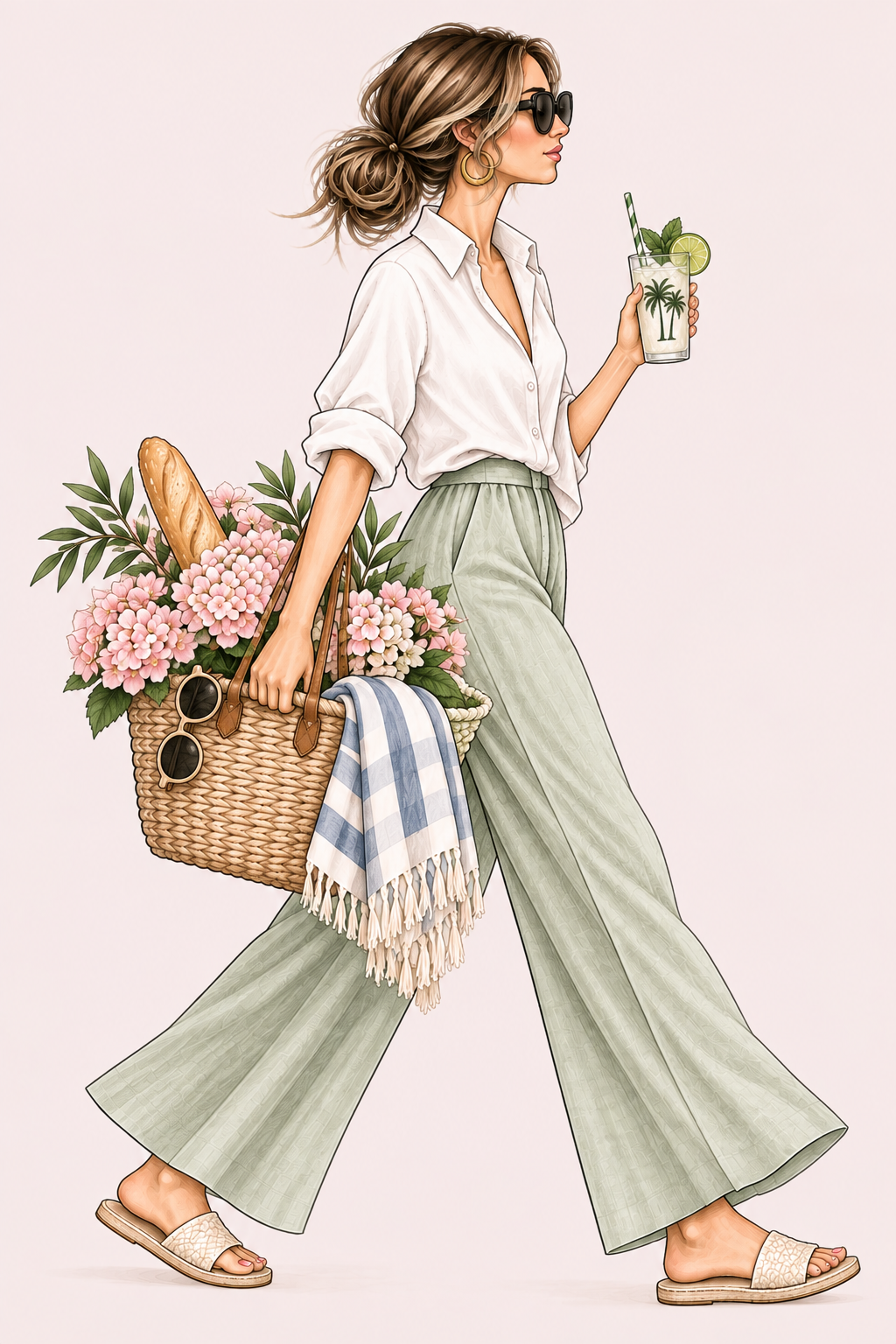 Shay Palms shopping illustration with coastal style outfit, woven farmer's market basket, flowers and outdoor entertaining finds.