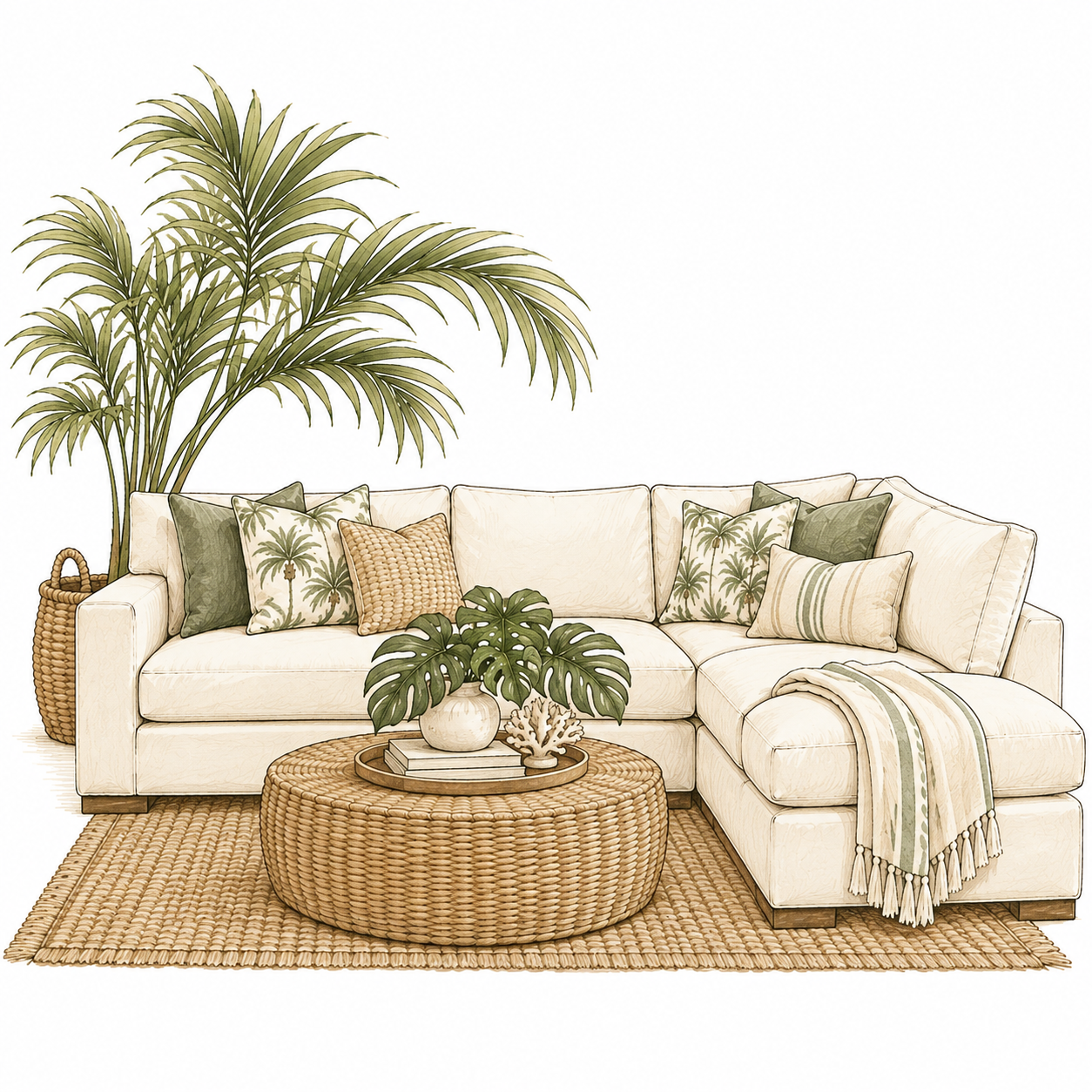 Resort inspired coastal living room with sectional sofa, woven coffee table, tropical pillows and palm tree.