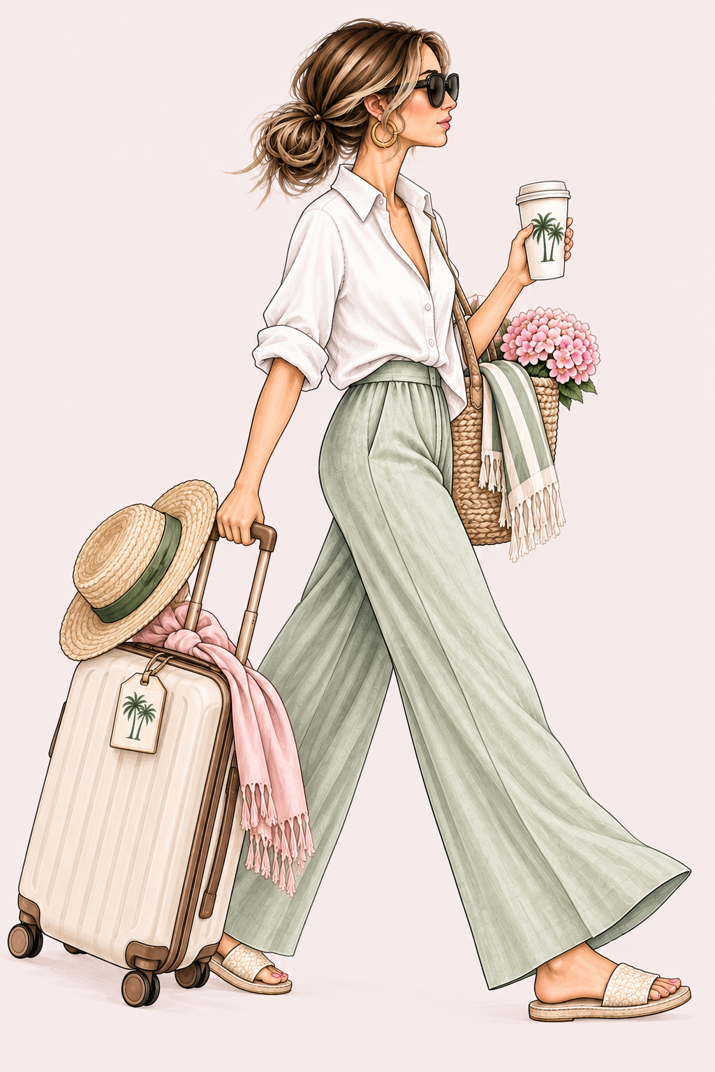 Shay Palms travel illustration of a woman styled in a travel outfit with rolling luggage and resort-ready vacation essentials