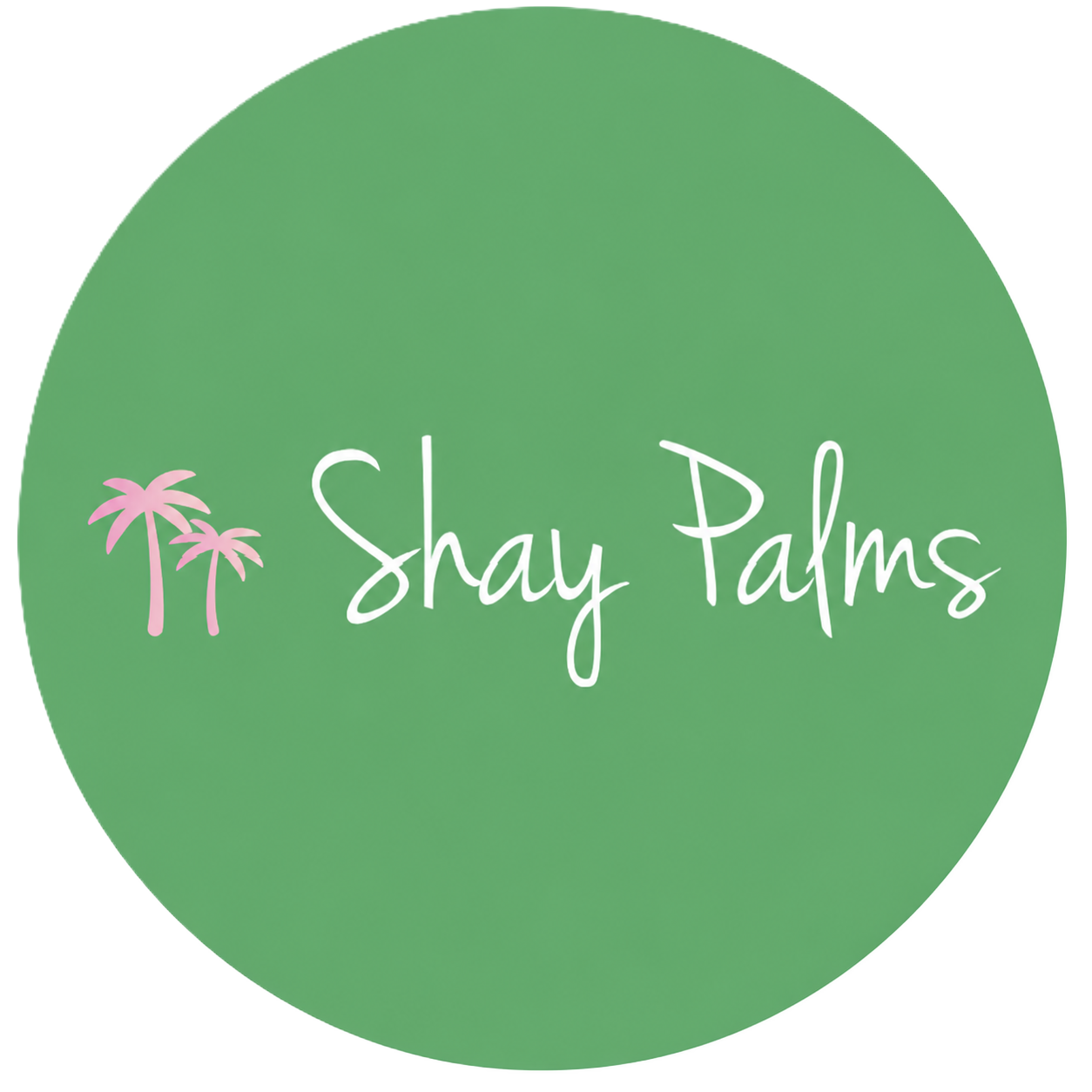 Shay Palms lifestyle brand logo with pink palm trees on a green background.