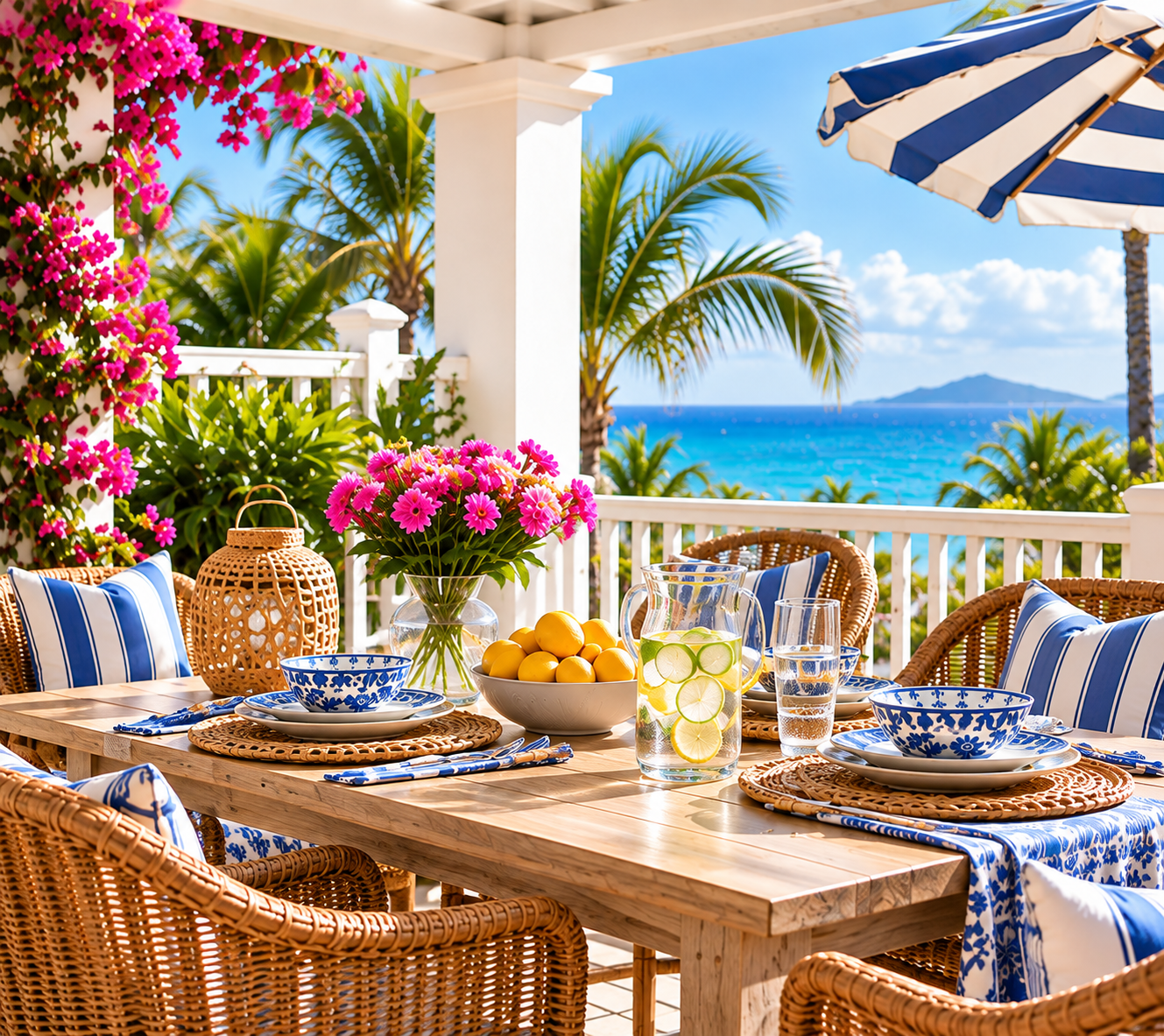 Coastal outdoor dining space with woven patio furniture, blue and white tablescape, tropical flowers and ocean views.