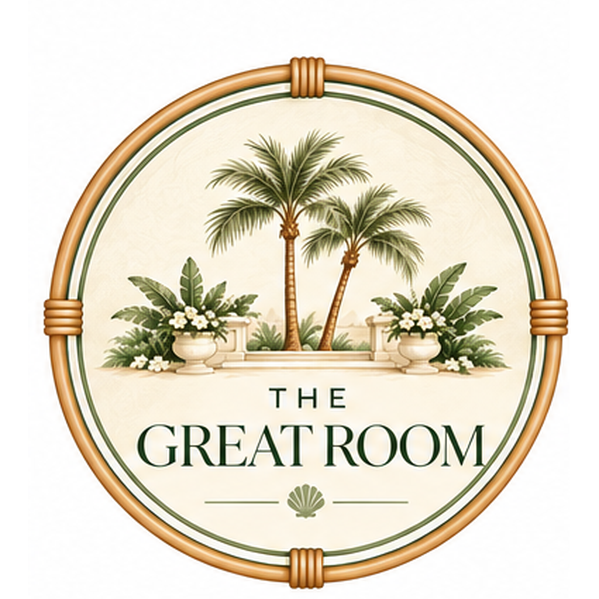 The Great Room resort inspired living room decor round sign with palms and tropical greenery.