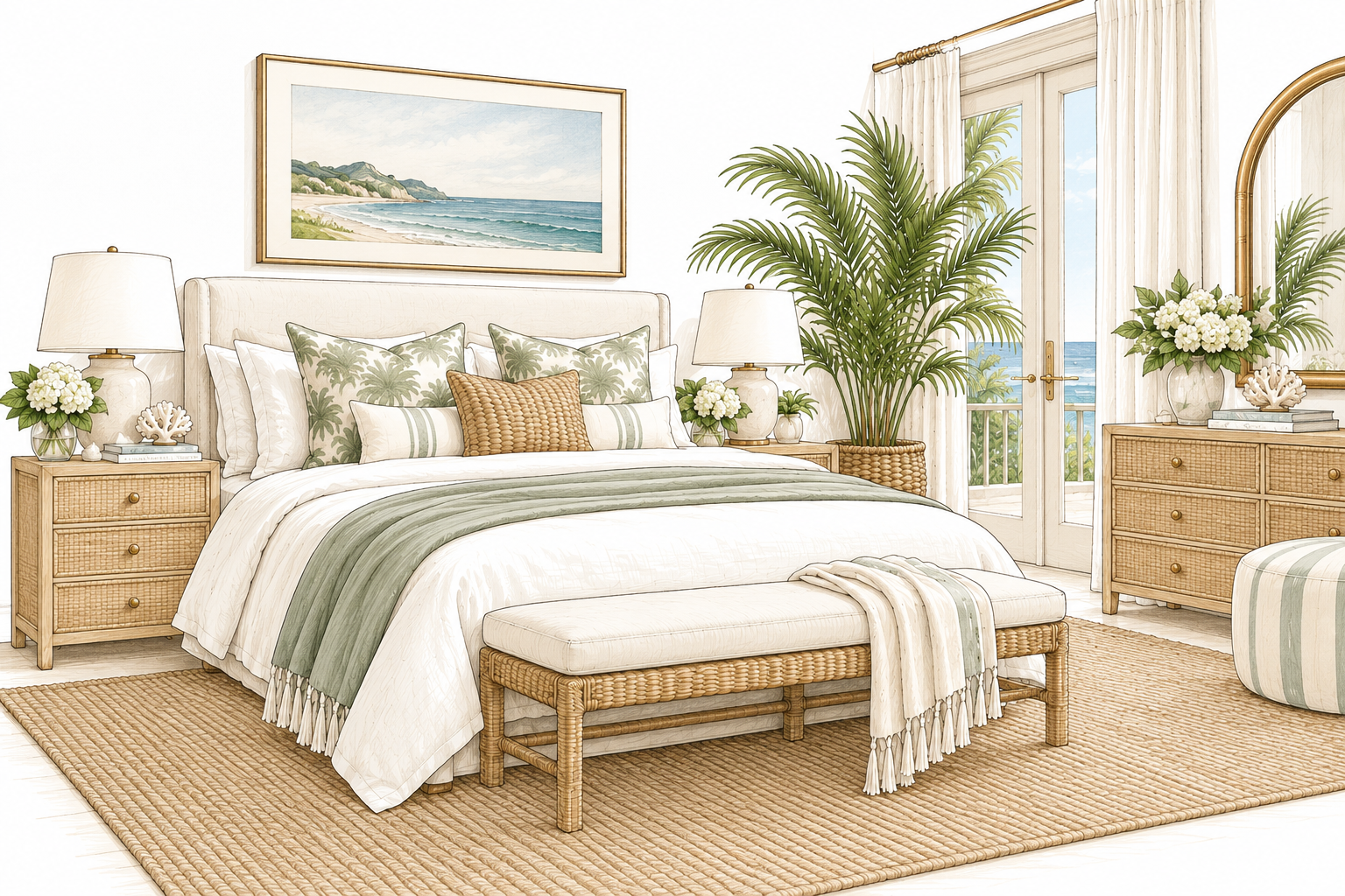 Coastal bedroom with woven furniture, layered bedding, tropical pillows, bedroom wall art and palm inspired decor.
