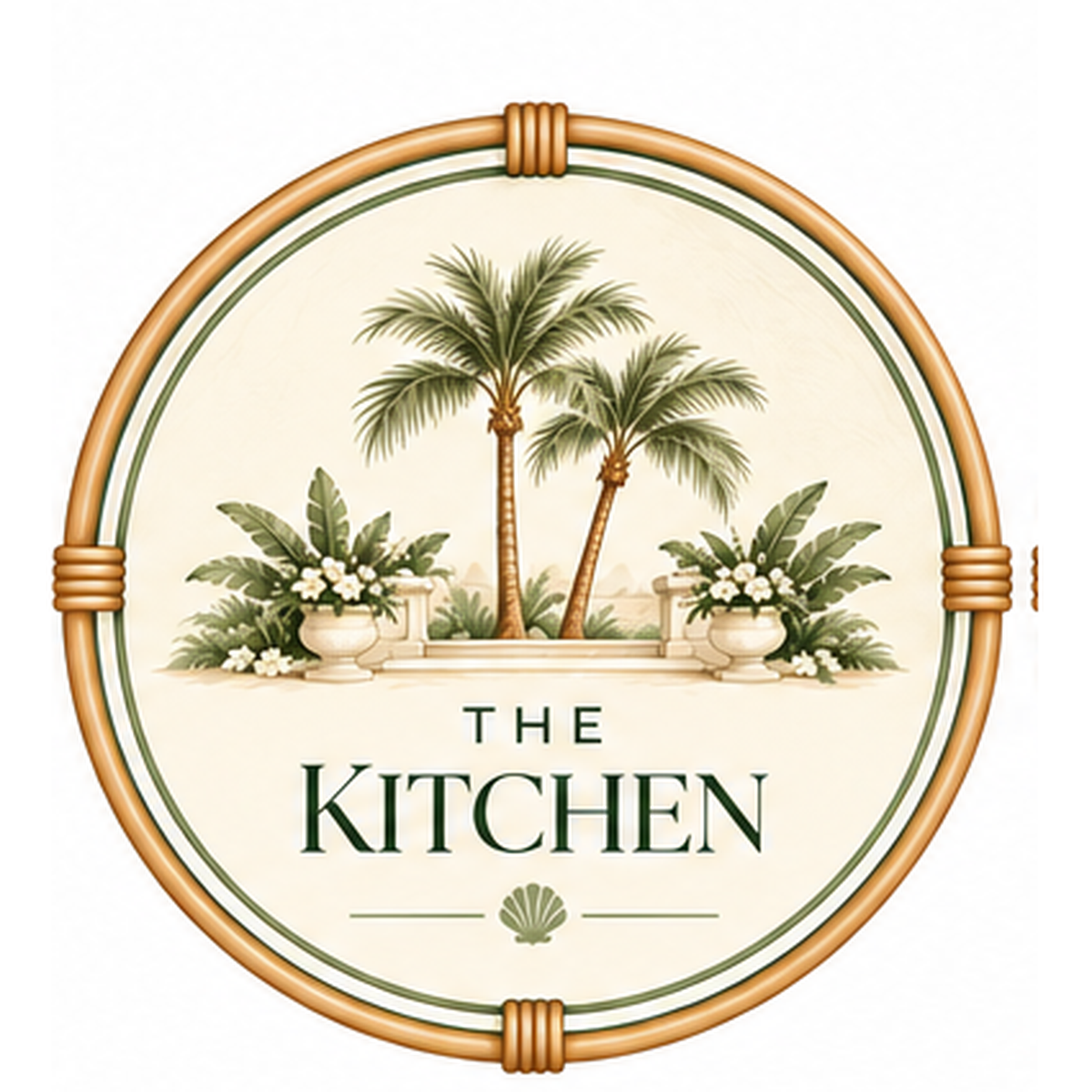 The Kitchen resort inspired wall art in a round frame with palm trees and tropical greenery.
