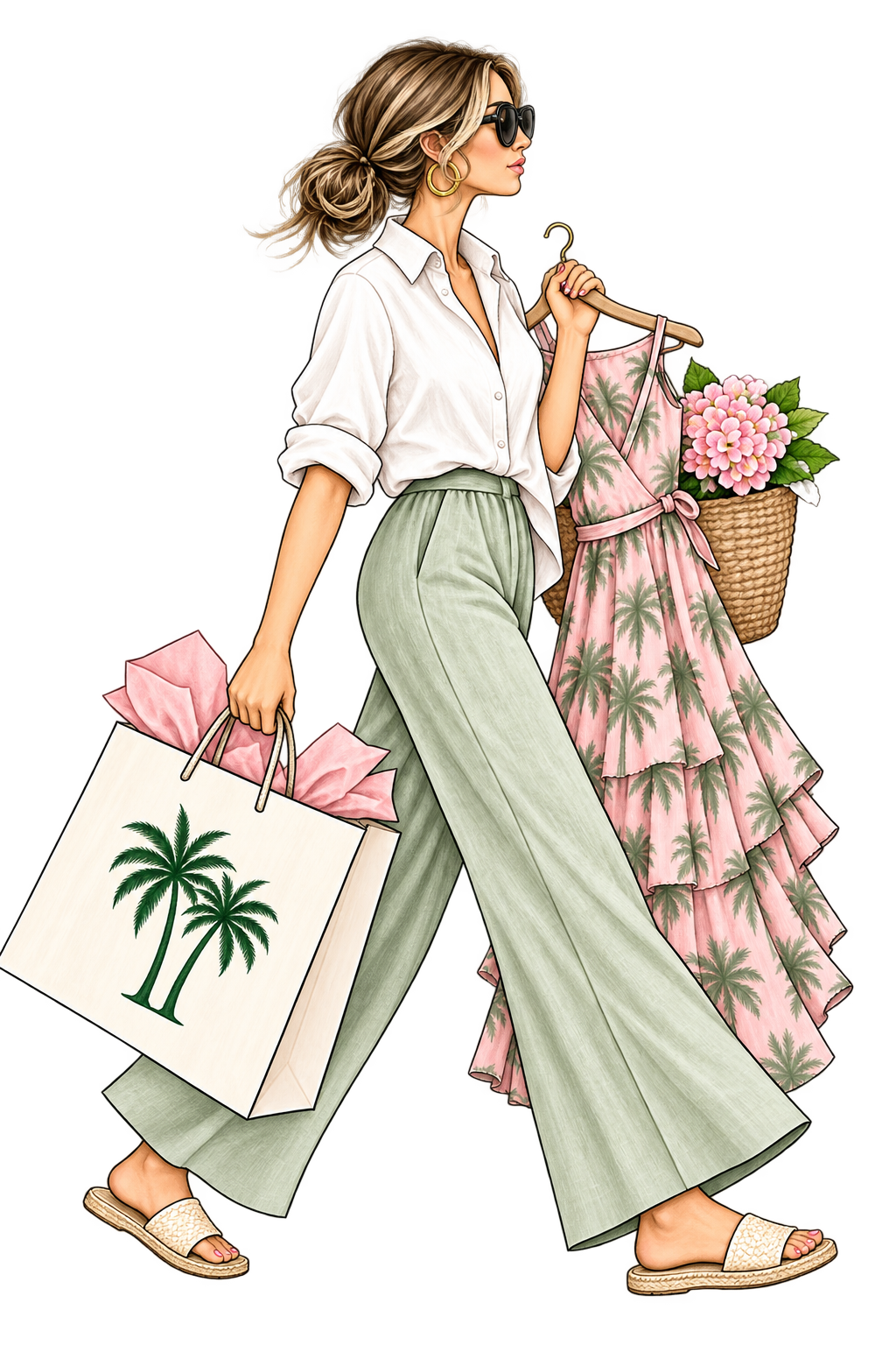 Shay Palms style illustration of a woman shopping for coastal resort fashion and tropical dresses