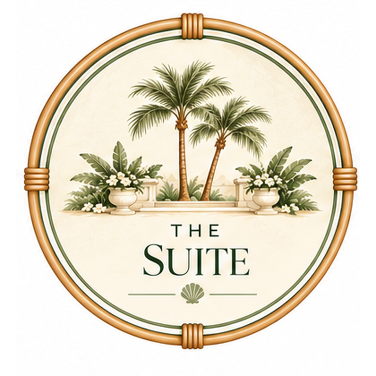 The Suite resort inspired bedroom wall art in a round frame with palm trees and tropical greenery.