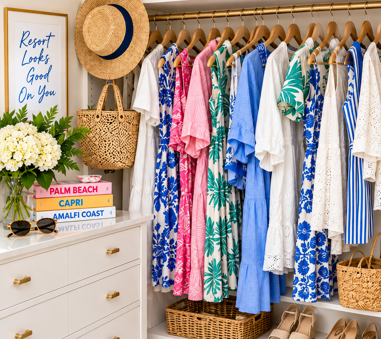 Coastal closet with colorful beach dresses, tropical prints and resort-style woven accessories
