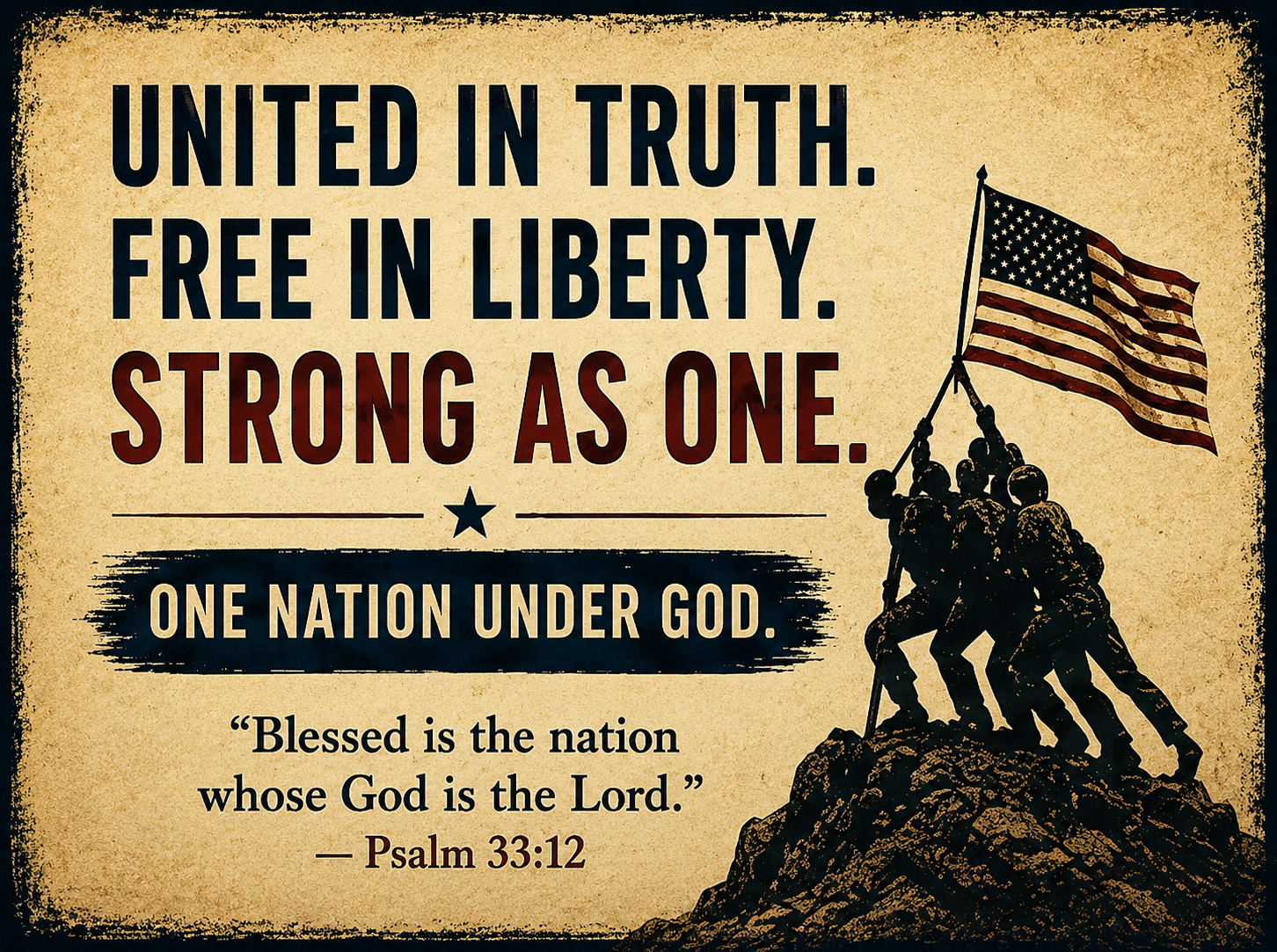 A vintage-style patriotic poster with the quote: "United in truth. Free in liberty. Strong as one. One nation under God." from Psalm 33:12. The poster includes an illustration of soldiers raising the American flag atop a mountain.