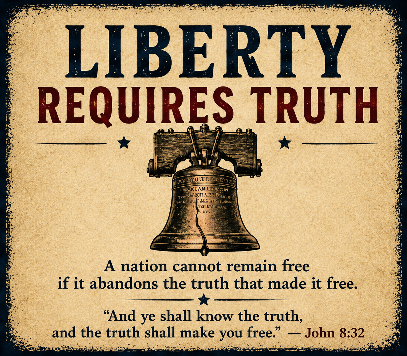 A patriotic poster with the phrase 'Liberty Requires Truth' at the top, featuring an image of the Liberty Bell in the center. The poster includes a quote from John 8:32, saying 'And ye shall know the truth, and the truth shall make you free,' and emphasizes that a nation cannot remain free if it abandons the truth that made it free.