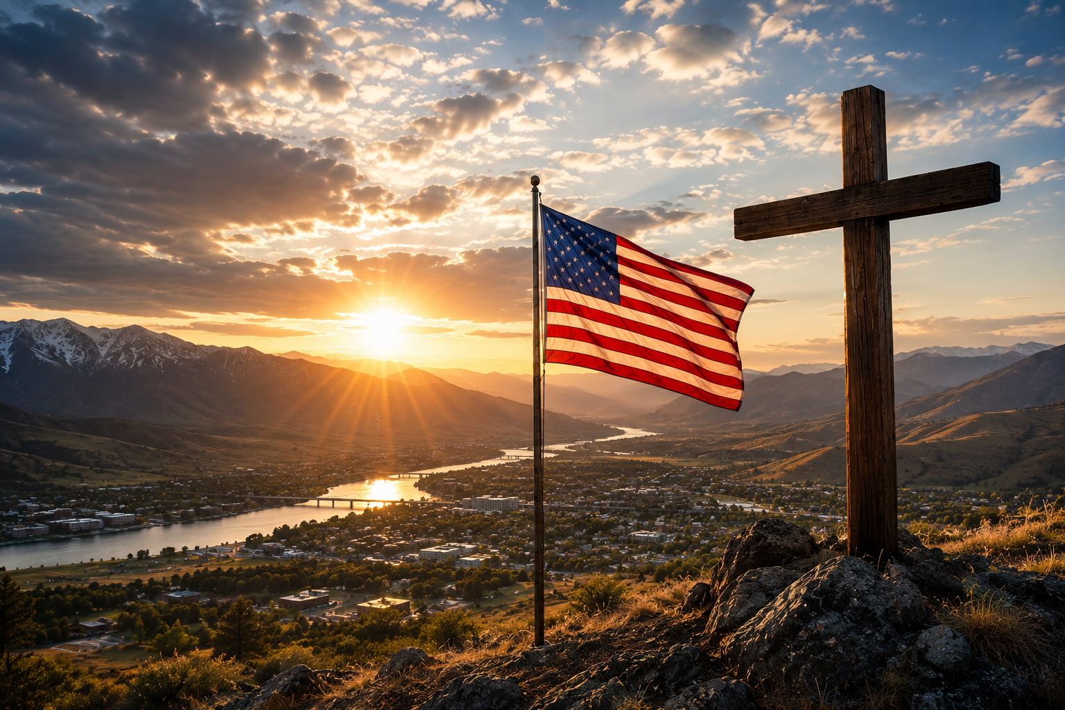 American flag and wooden cross on hillside overlooking a city and river at sunset with mountains in the background.