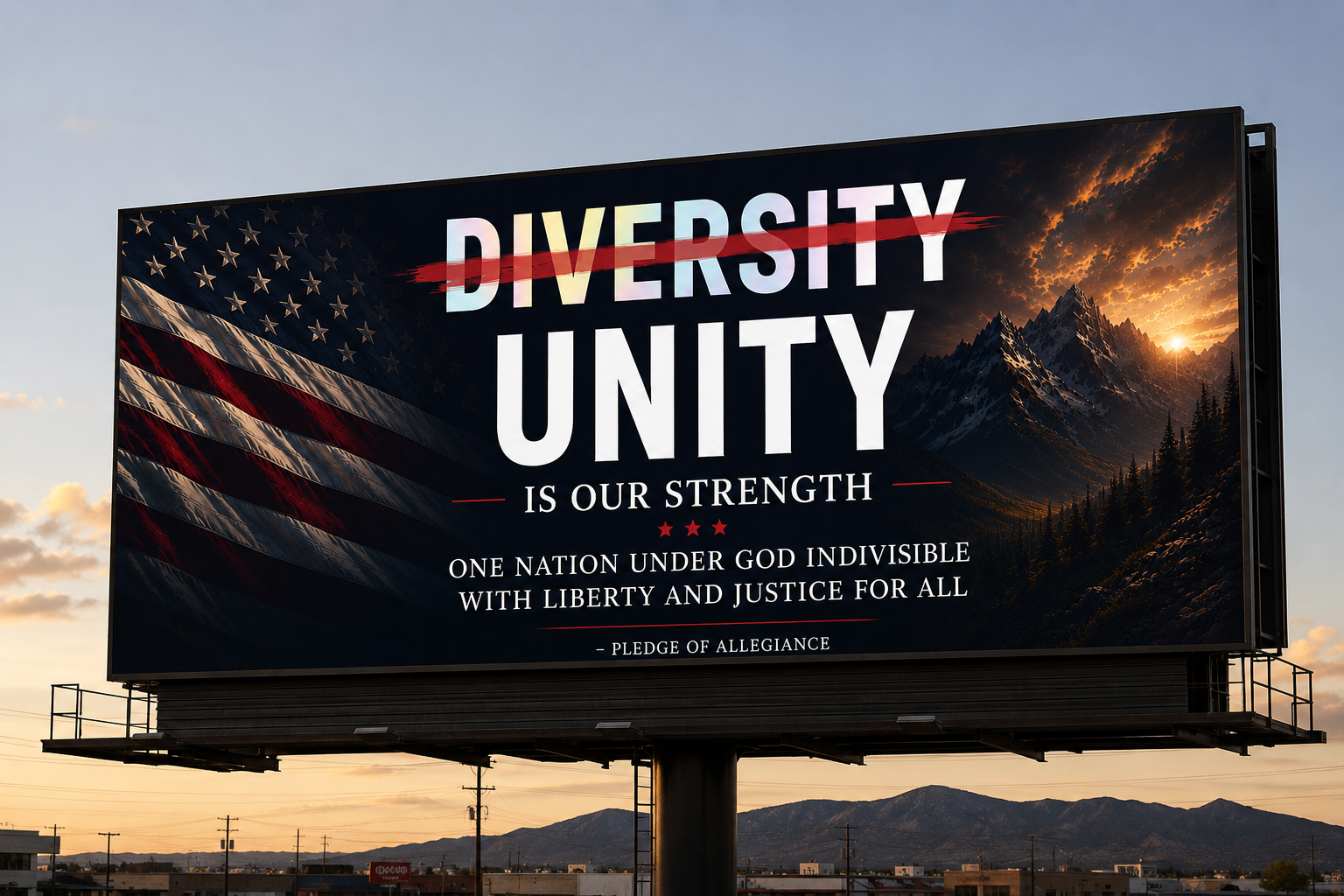 Billboard with American flag and mountain landscape, displaying the words 'DIVERSITY' crossed out with a red line, 'UNITY' in large font, and the phrase 'IS OUR STRENGTH' along with a patriotic message and pledge of allegiance.