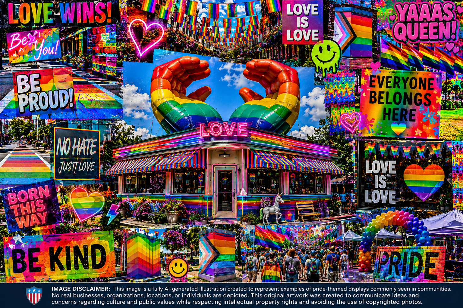 Colorful pride parade scene with rainbow flags, signs with messages like 'LOVE WINS!', 'BE PROUD!', 'NO HATE JUST LOVE', and 'EVERYONE BELONGS HERE.' A building is decorated with rainbow artwork and neon signs, including a large pair of rainbow hands and neon hearts. Crowds of people walk beneath advertisements and decorations, celebrating pride and inclusivity.