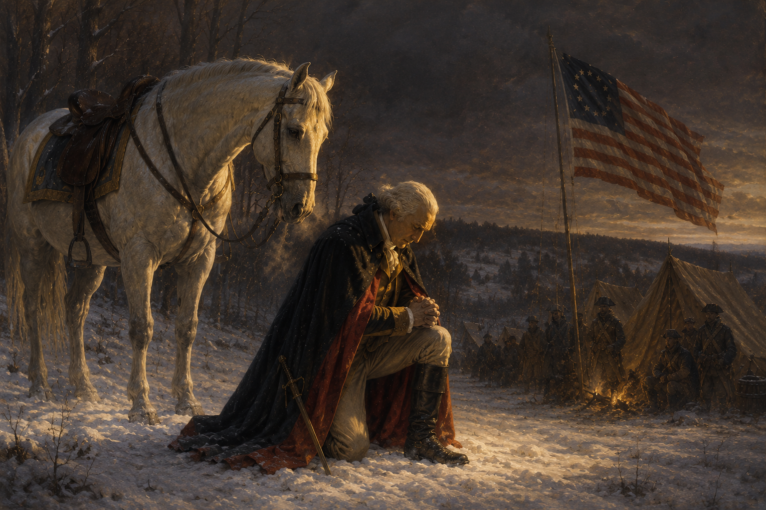 A historical scene at sunset with a man kneeling and praying in snow, accompanied by a white horse, with soldiers and tents in the background, and an American flag flying.