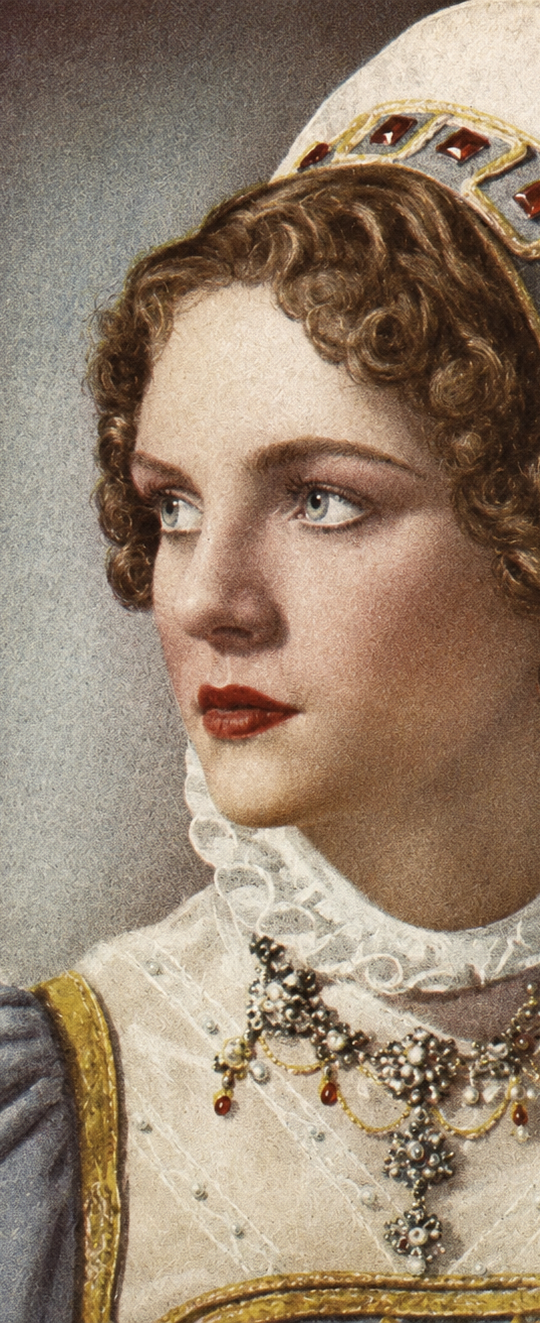 A woman with curly red hair, wearing a decorative headband, ornate jewelry, and a Victorian-style dress.